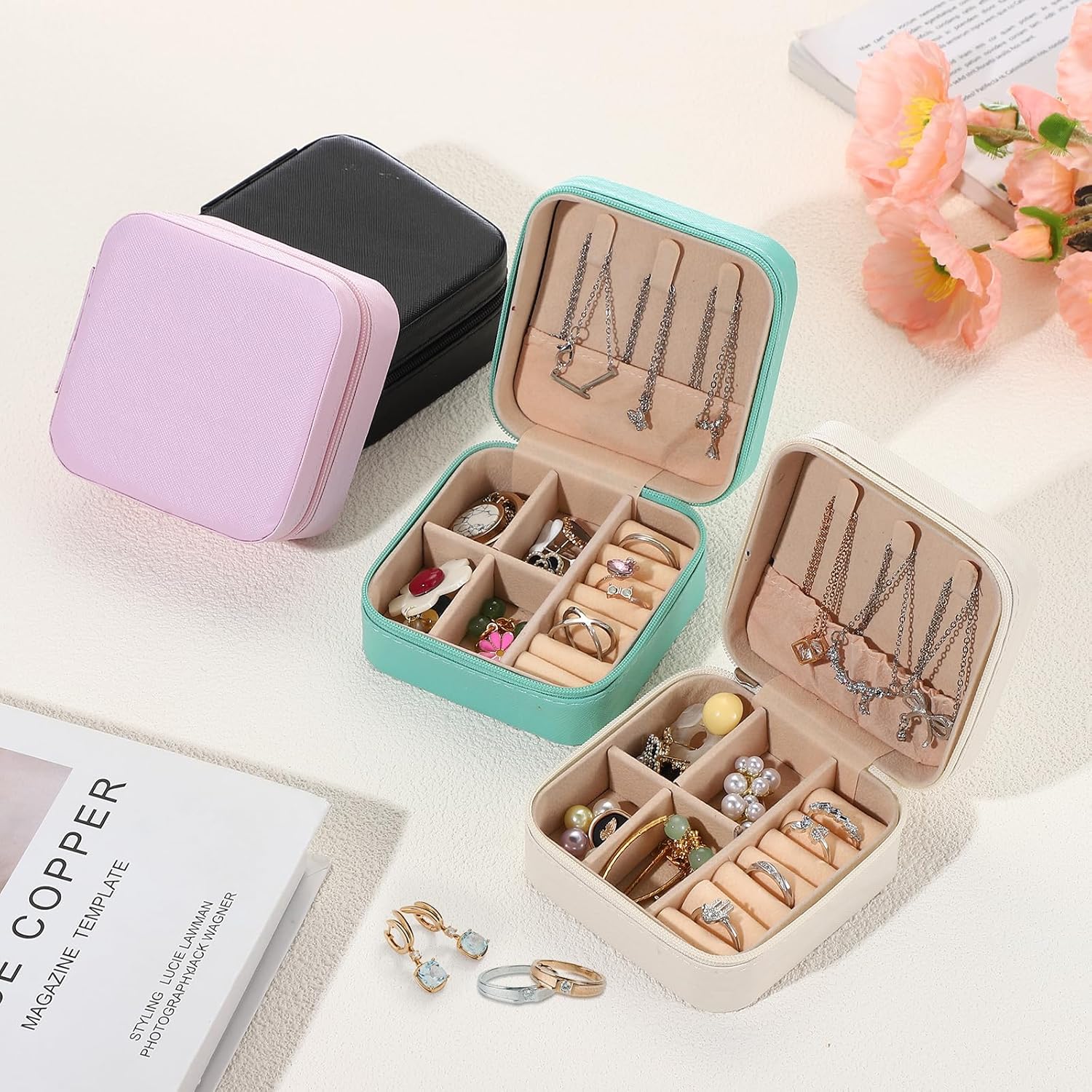 PATIKIL Mini Jewelry Travel Case, 4 Pcs PU Leather Small Jewelry Organizer Portable Storage Box for Earrings Necklace Bracelet Rings, Black/White
