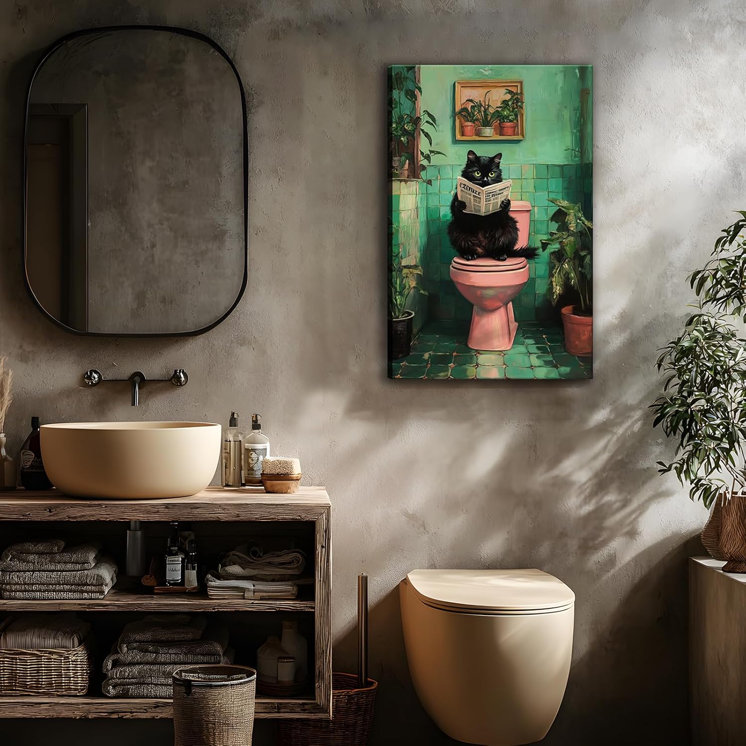 Funny Black Cat Bathroom Wall Art Decor, Funny Black Cat Reading Newspaper On The Toilet Canvas Artwork Print, Tropical Cat Canvas Wall Art for Bathroom Toilet Restroom Washroom Wall Decor 16x24''
