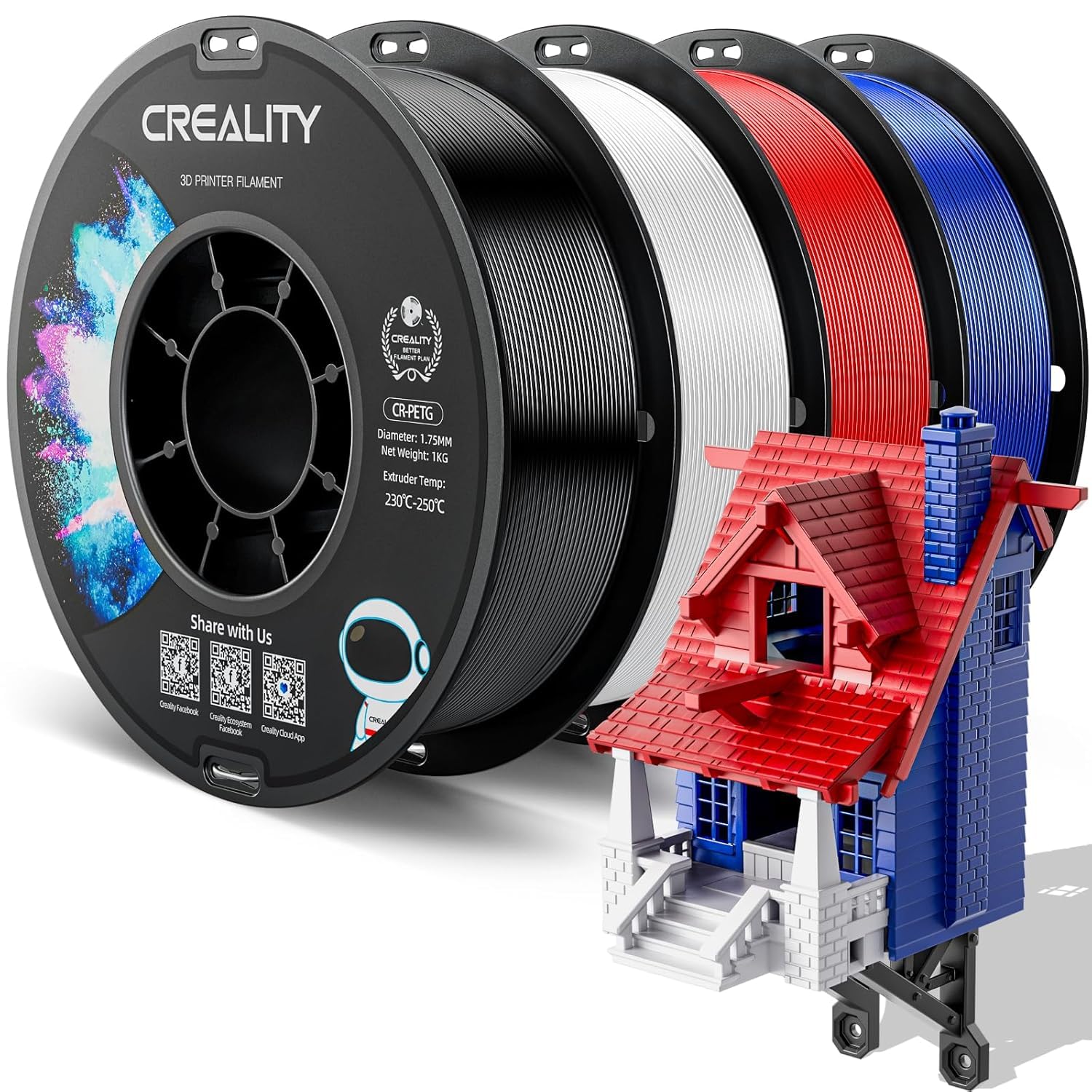 Creality CR-PETG Filament, 1,75 mm, 3D-Druck-Filament, 4 kg, hervorragende Zähigkeit, hohe Präzision, geruchlos, ungiftig, feuchtigkeitsbeständig, glänzend für 3D-Drucker