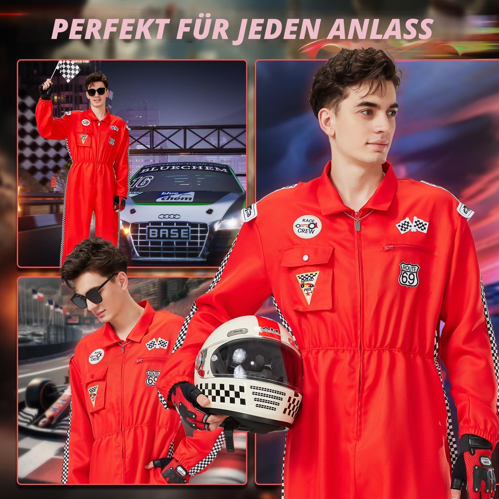 Charmofun Rennfahrer Kostüm Herren, Rennfahrer Anzug Overall Jumpsuit für Erwachsene, Racer Overall Rennwagenfahrer Kostüm mit Handschuhen, Sonnenbrille für Karneval