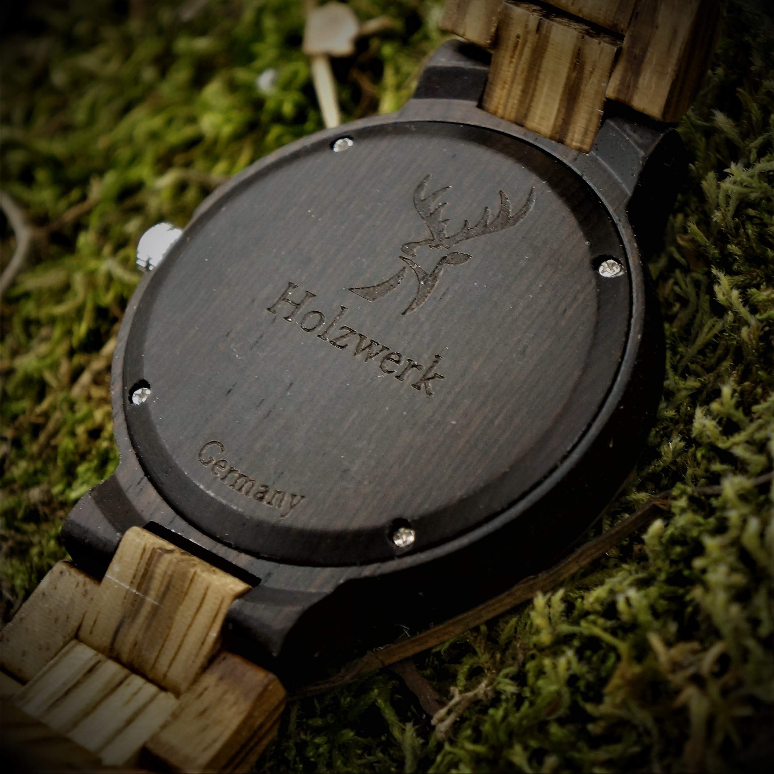 Holzwerk Germany Handgefertigte Matrix Herren Uhr Öko Natur Holzuhr Holz Armband Braun Schwarz Zebra Muster Analog Uhr Datum und Wochentag Anzeige Herrenuhr