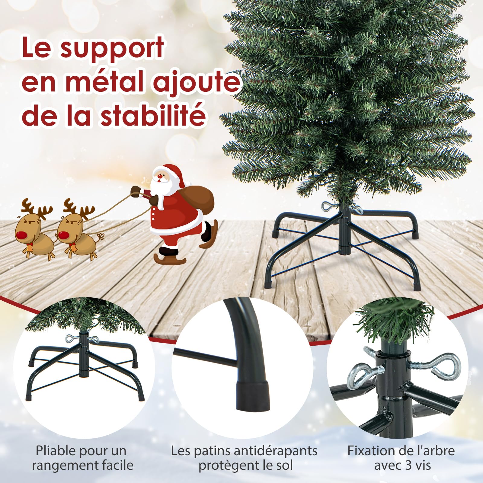 COSTWAY Sapin de Noël Artificiel de 180 cm Lumineux LED, 390 Branches, 180 lumières LED Blanc Chaud, Support en métal Pliable, décoration hivernale, pour la Maison, Le Bureau