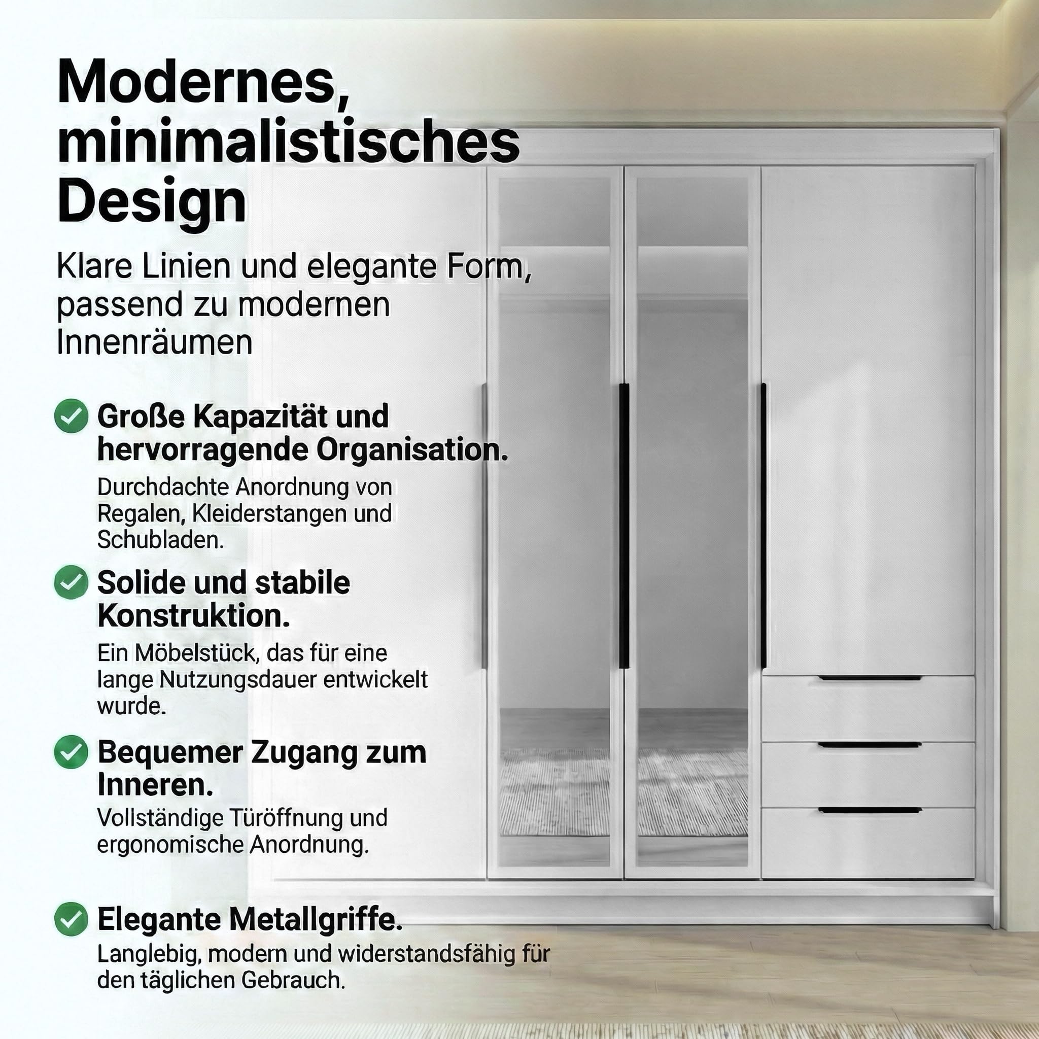A&J MöbelLand VIVO Kleiderschrank 4-türig mit Spiegel und Schubladen – 200 x 215 cm – Drehtürenschrank mit Kleiderstange und Einlegeböden