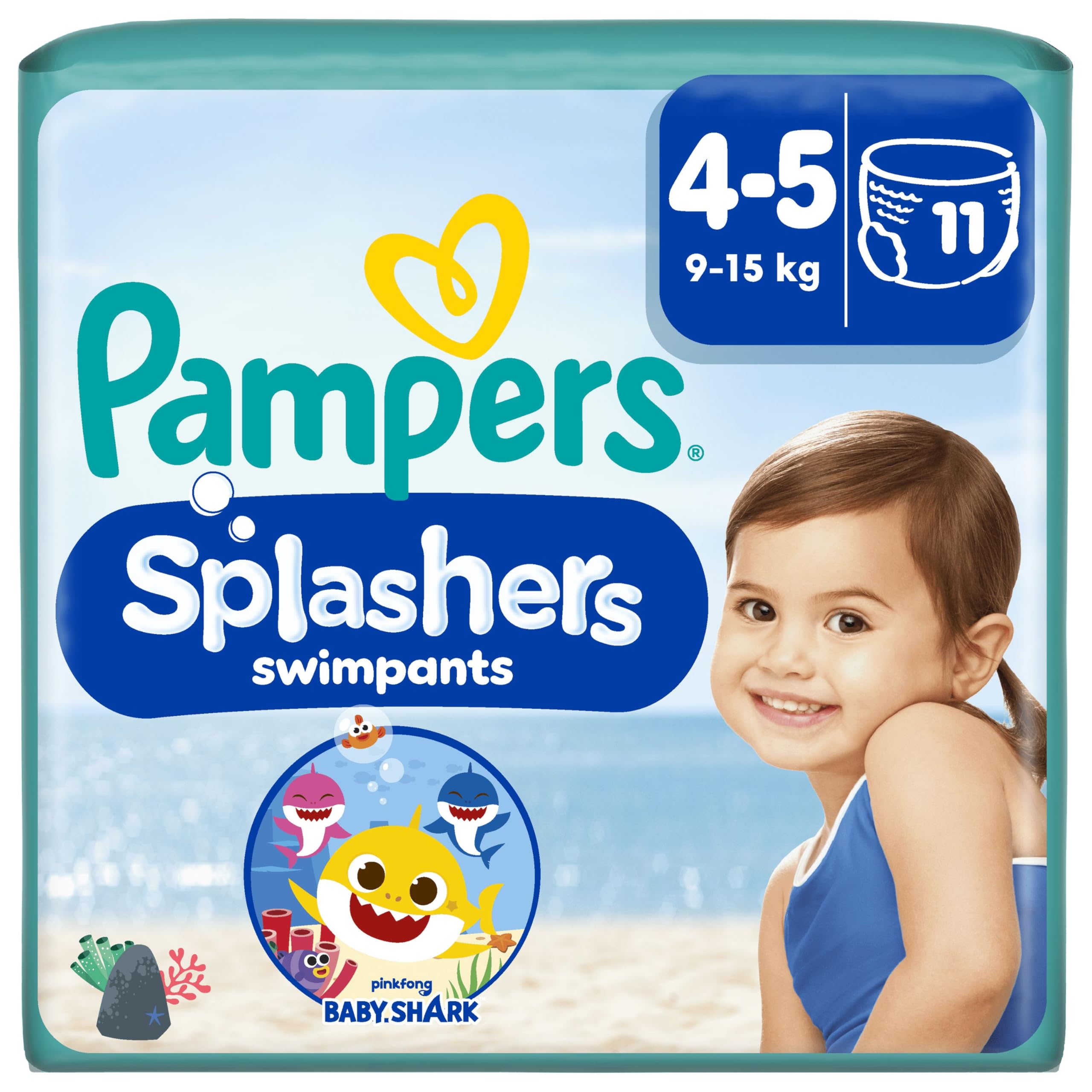 Pampers Splashers Taille 4-5 11 Couches-Culottes de Bain Jetables 9-15kg Le Confort D'un Maillot De Bain Et La Protection Pampers Optimale dans l'Eau Edition Limitée Baby Shark