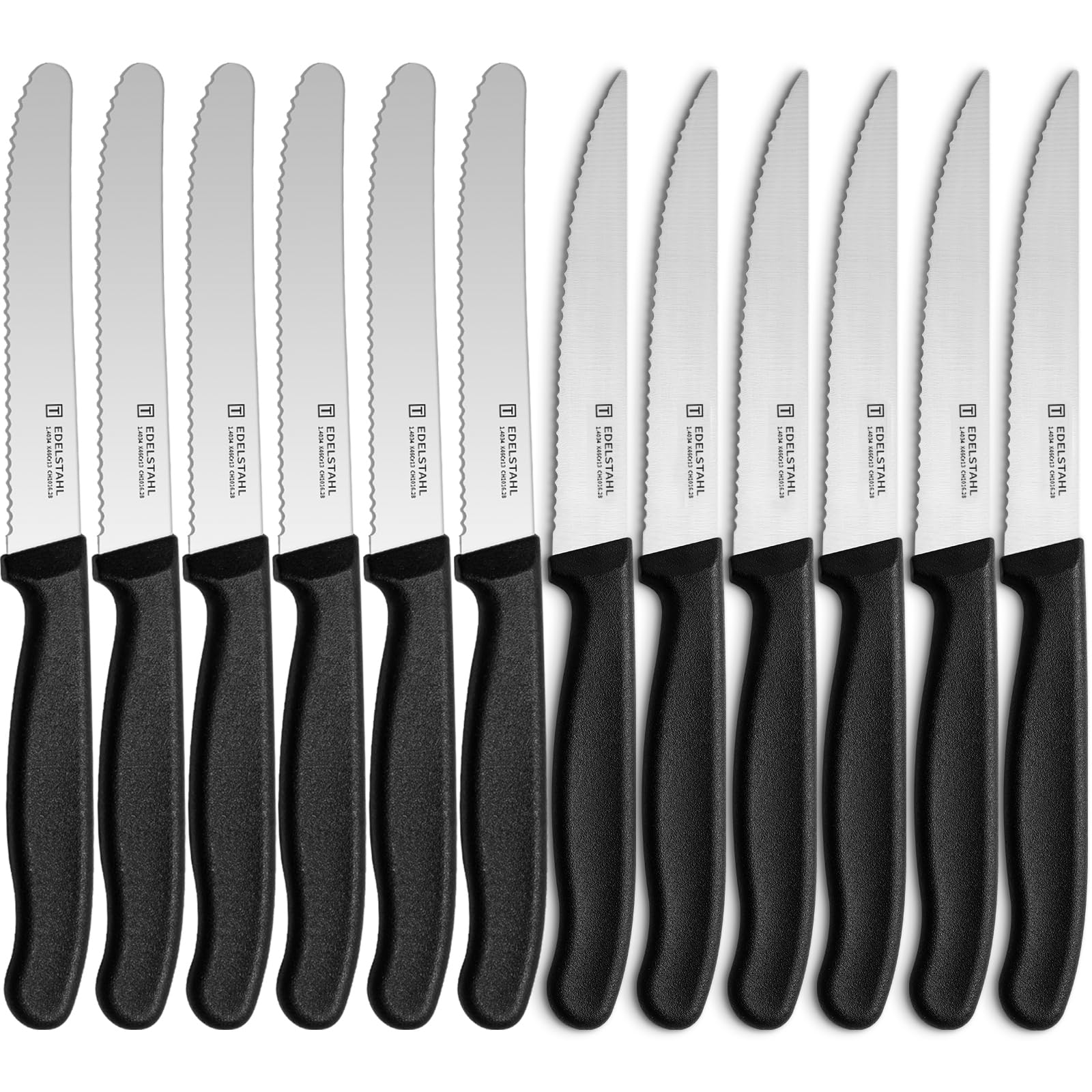 targzier Frühstücksmesser und Steakmesser Set,12 Stück Schwarzes Messerset,Edelstahl Tafelmesser(Tomatenmesser) und Steak Messer,Scharfe Messer mit Wellenschliff,Stabiler Griff,Spülmaschinenfest