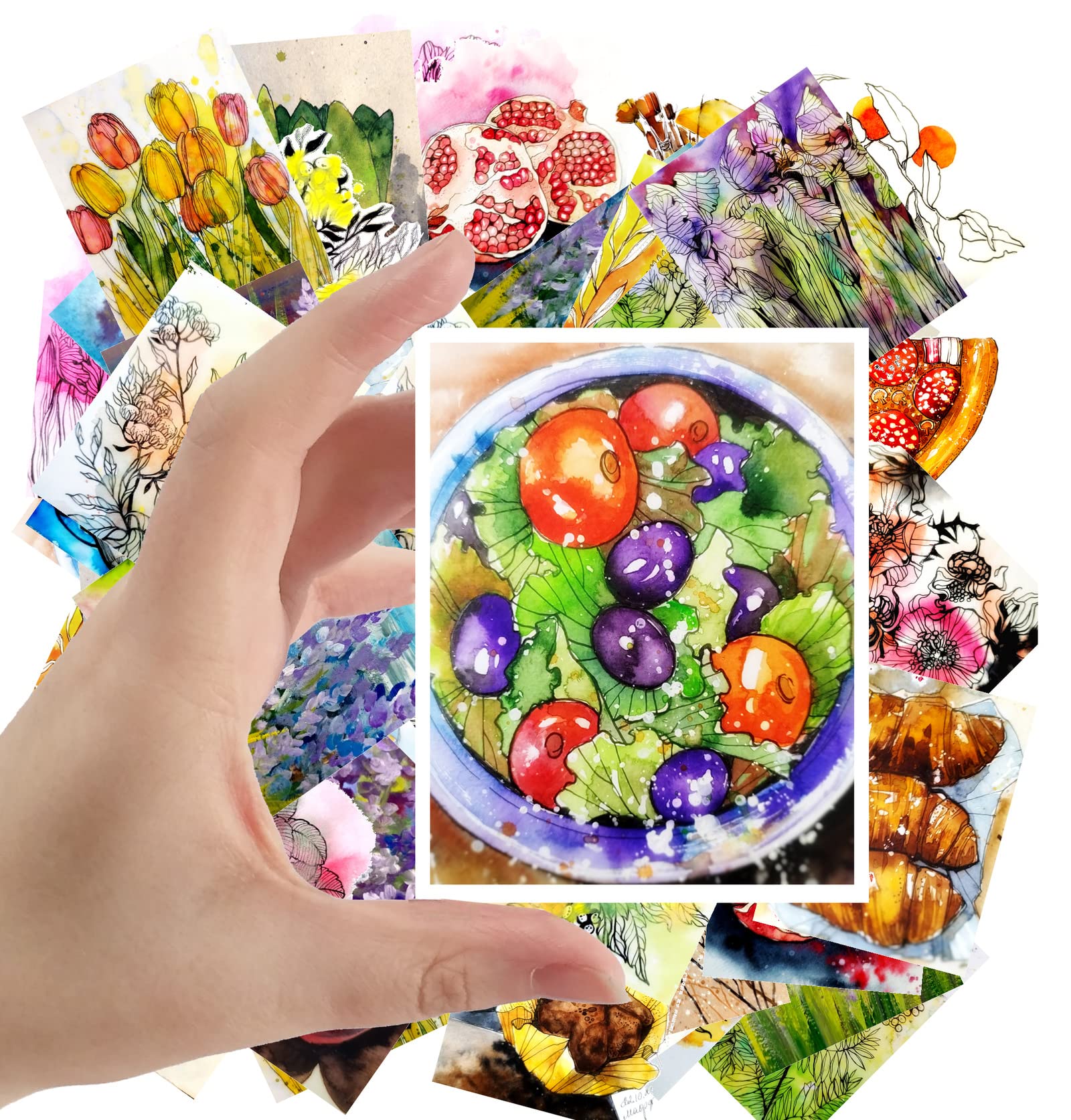 Cartes postales nourriture et fleurs style aquarelle rétro avec autocollants grands formats