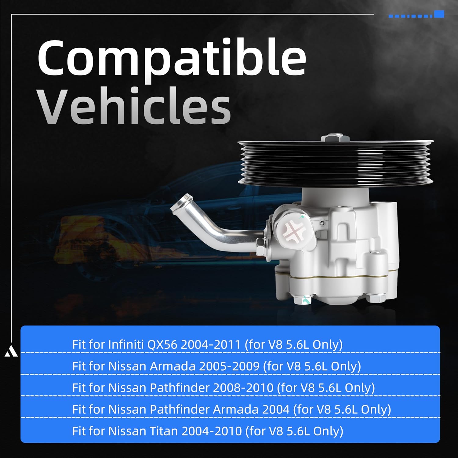 Power Steering Pump with Pulley, for Infiniti QX56 2004-2011, for Nissan Armada 2005-2009, for Nissan Pathfinder 2008-2010, for Nissan Titan 2004-2010, V8 5.6L, Replace 21-5366 96-5366