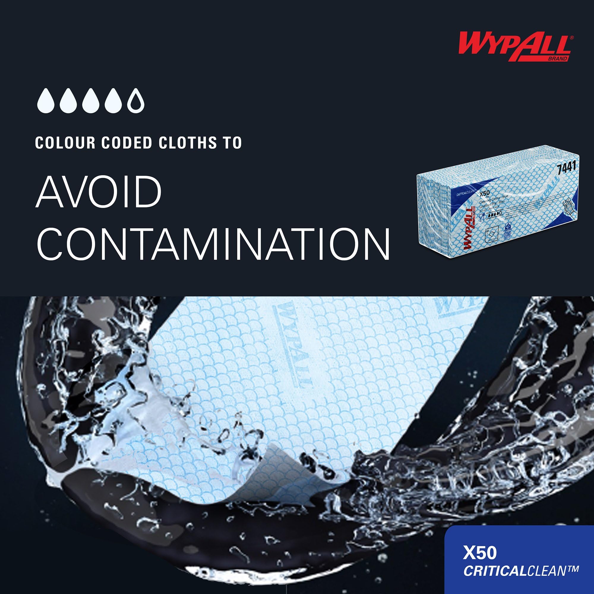 Paños de limpieza con código de color WypAll® X50 Critical Clean™ 7441 - Paños de limpieza azules - 6 paquetes x 50 paños con código de color (300 en total)