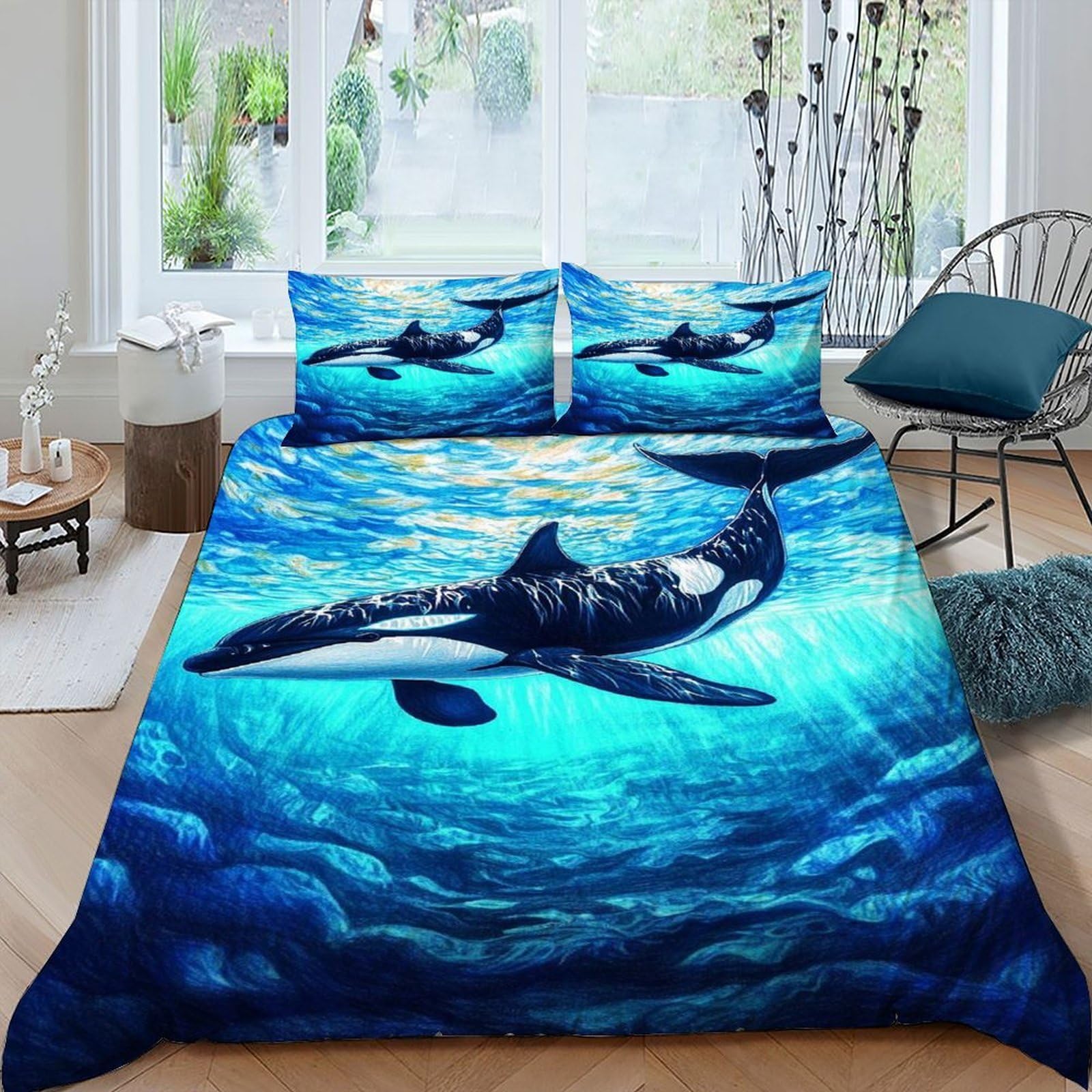 Orca Sea Water Bedding Set Theme Bedspread Animal Theme Wildlife Marine Animal Duvet Cover Set Chic Breathable Comforter Cover Universal for All Seasons with Pillow King（220x240cm）