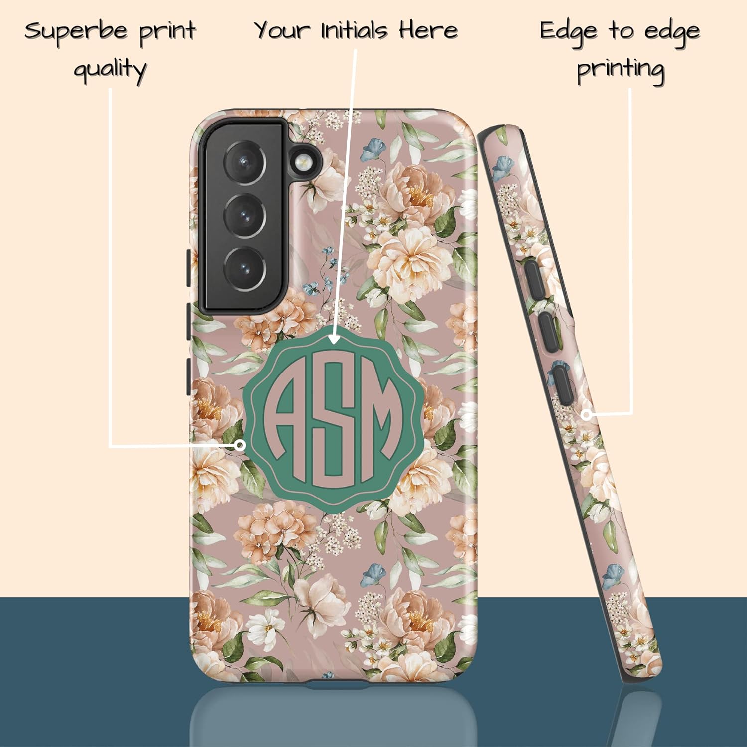 Custom Initials Monogram Botanical Floral Flowers Personalized Name Case, Compatible with Samsung Galaxy S26 Ultra, S25 Plus, S24, S23, S22, S21, S20