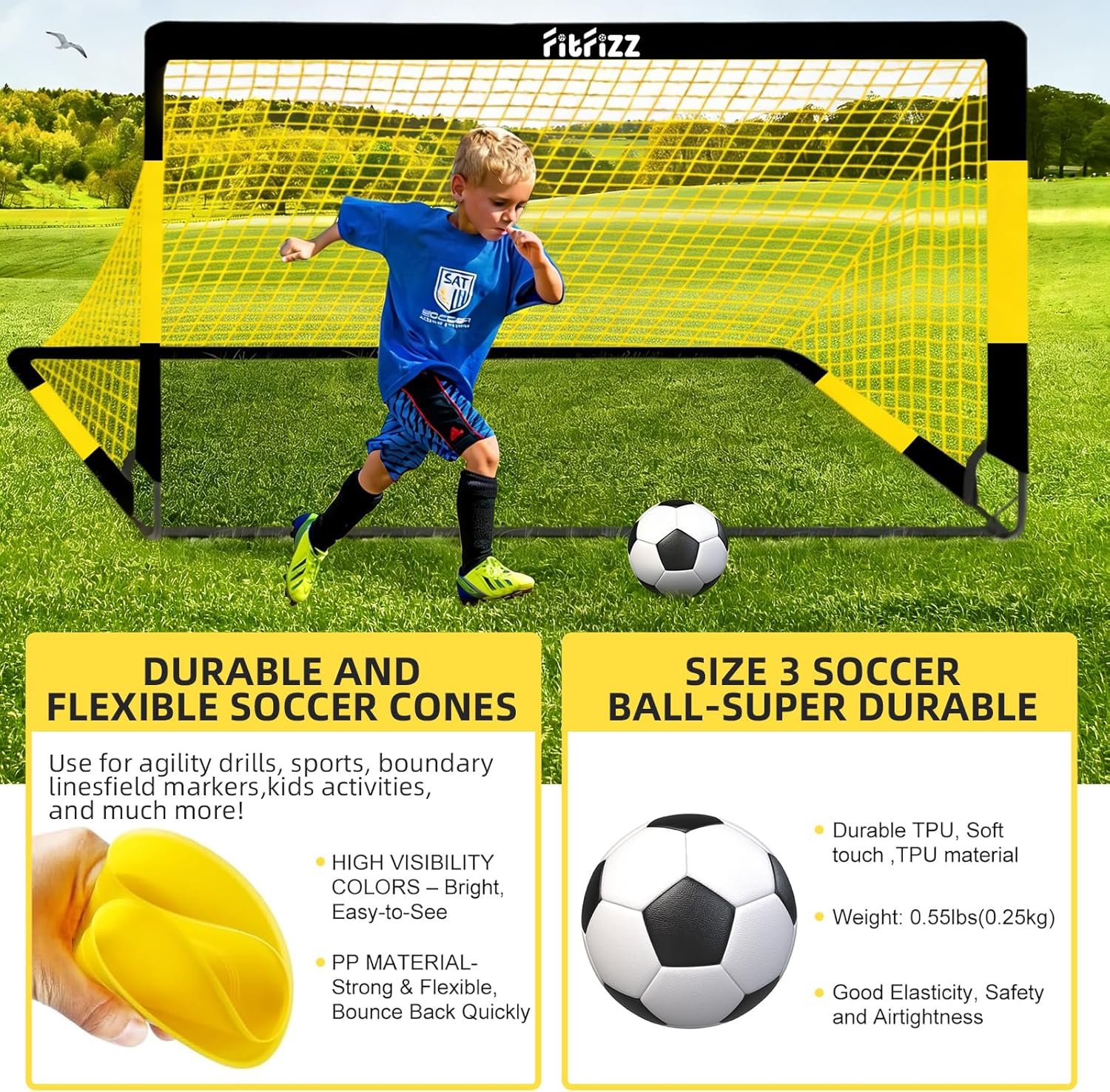 Soccer Goal, Soccer Goals for Backyard, 4x3ft Portable Pop Up Soccer Net Set, Soccer Training Equipment with Soccer Ball, Ladder and Cones