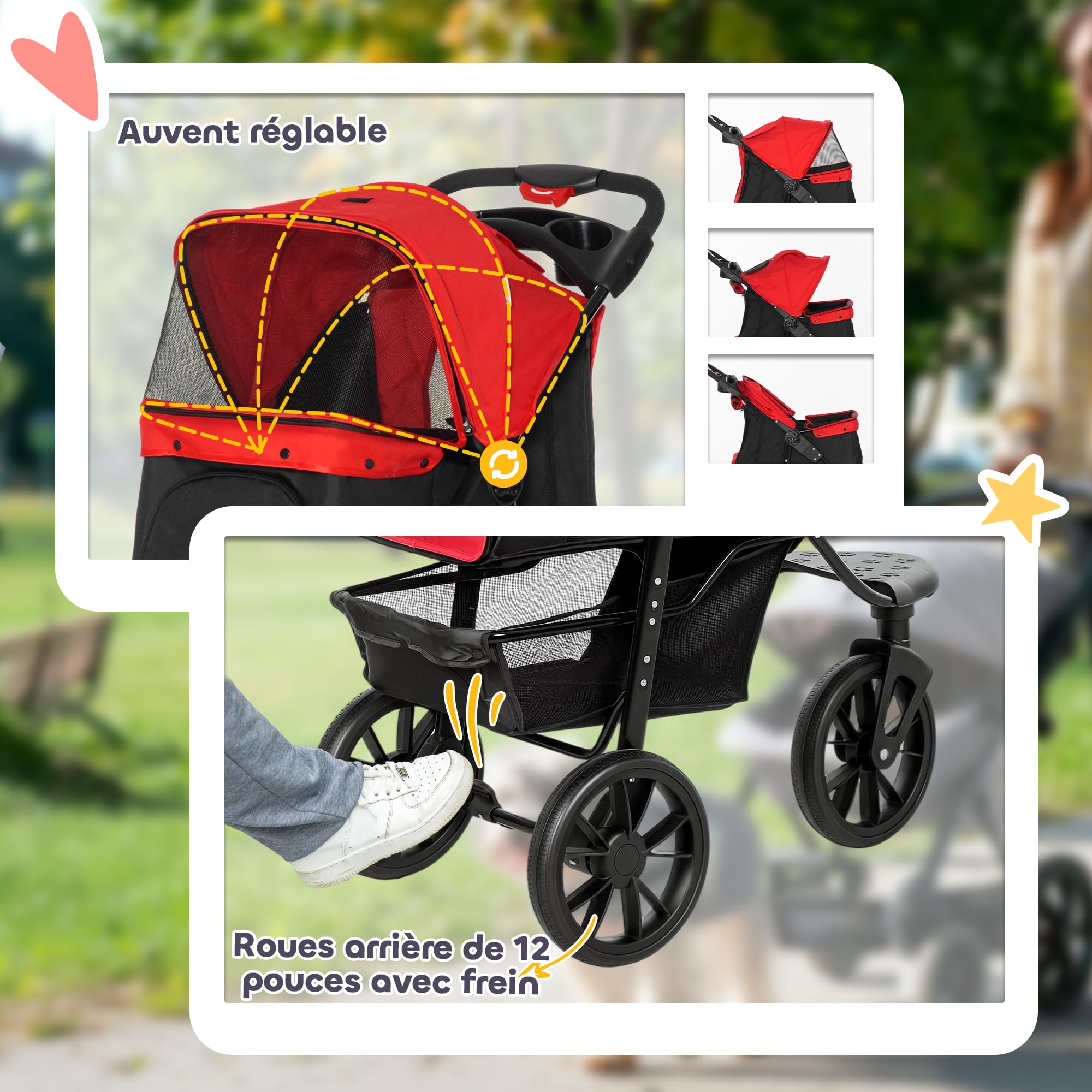 PawHut Poussette pour Chien Pliable 3 Roues Tout-Terrain 25kg - Grande Roue 12" Antichoc et Légère - Chariot Animaux avec Ouverture Arrière pour Petit Chien et Chiens Âgés de Moins de 10kg, Rouge