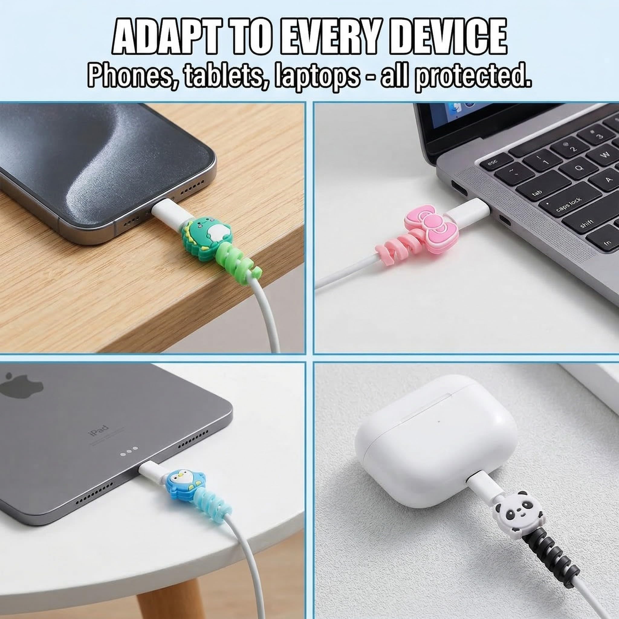 Cable Connection Protectors, 8 pezzi di protezione per cavi dati, protezione a spirale, protezione per cavi di ricarica a forma di cartone animato, Adatto per cavi dati del cellulare
