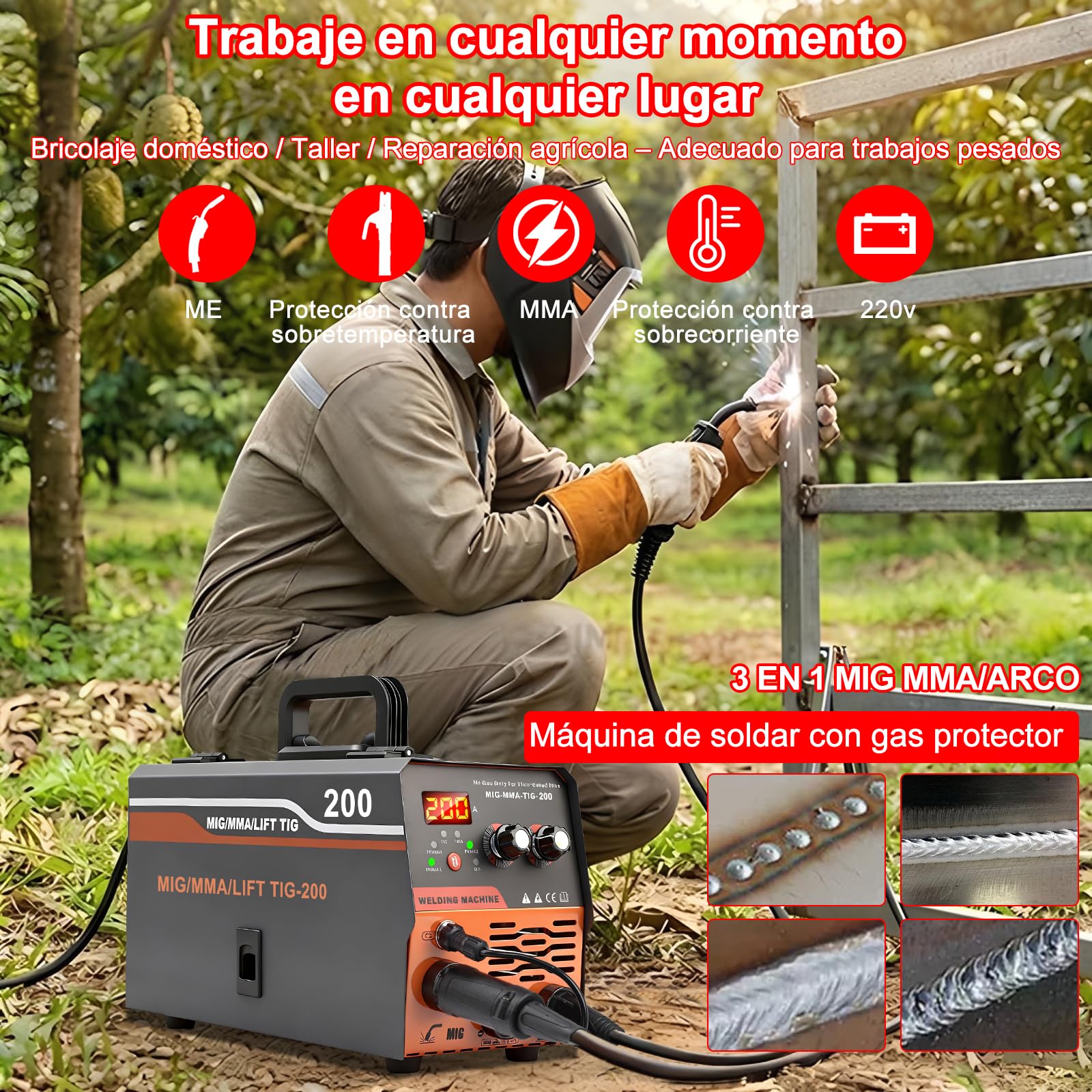 Máquina de Soldadura MIG, 20-200 A Máquina de Soldar con Alambre Tubular sin Gas, Soldador Inverter MIG/MMA/LIFT TIG 3 en 1 Portátil con IGBT Inversor, Pistola de Soldar, Pantalla LED, Alambre de 1mm