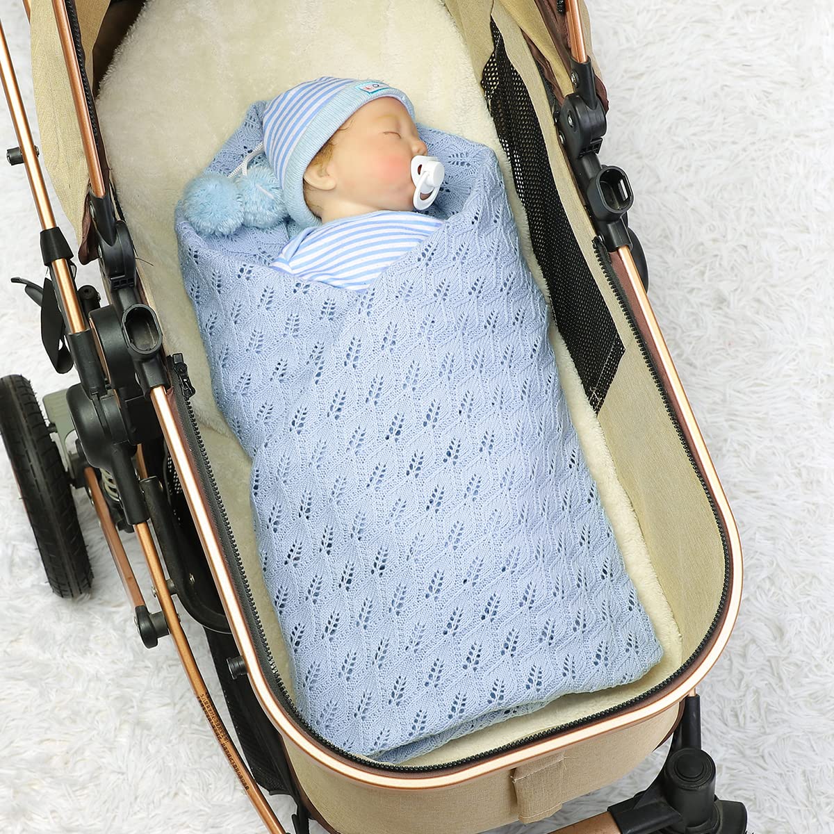 mimixiong Cellular Blanket Baby 100% Cotton Soft Knit Baby Blankets for  Newborn Boy Girls 100x80cm (Blue)