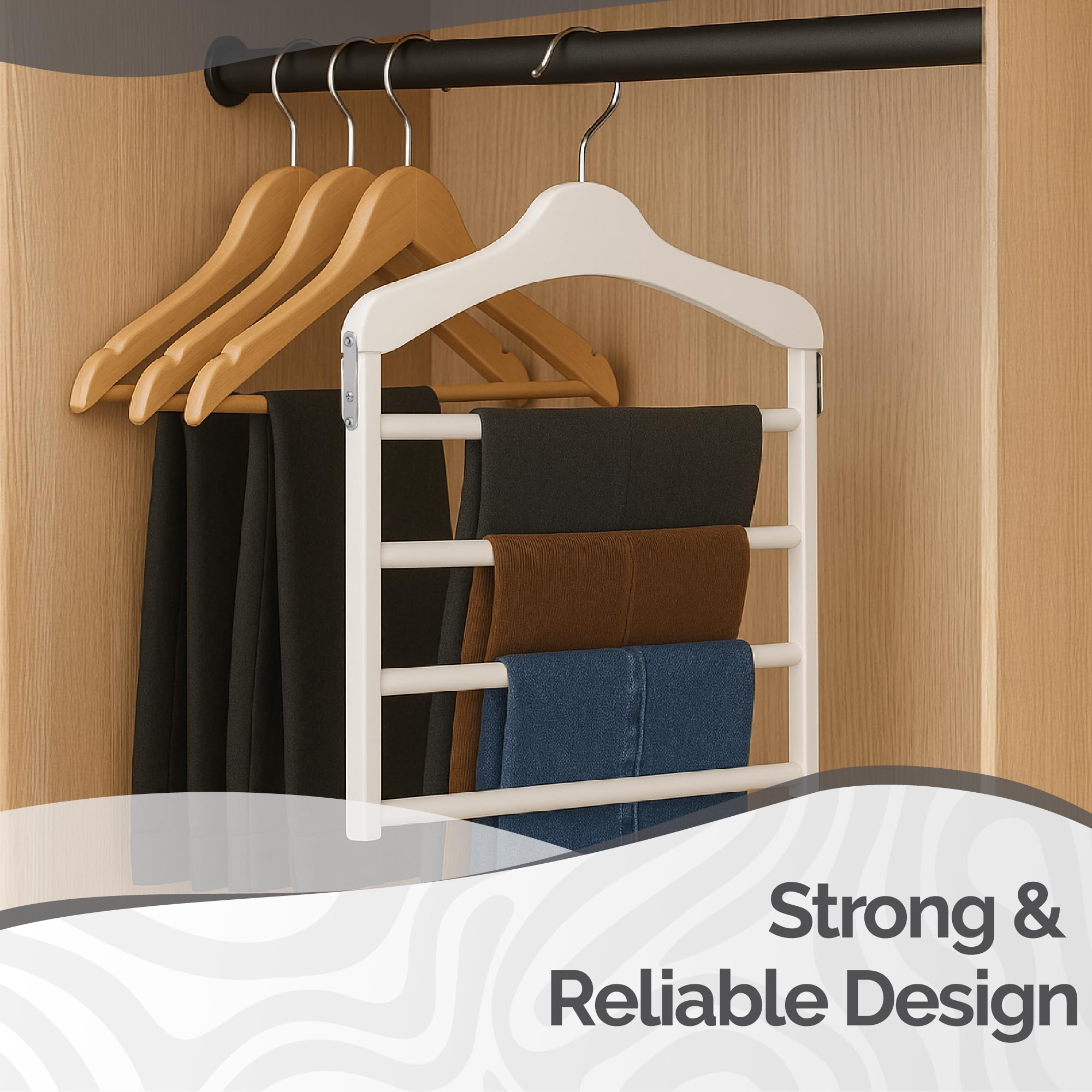Hangerworld Paquete de 3 perchas de madera blanca para pantalones, organizador multifuncional de almacenamiento de ropa de 4 niveles con barras antideslizantes