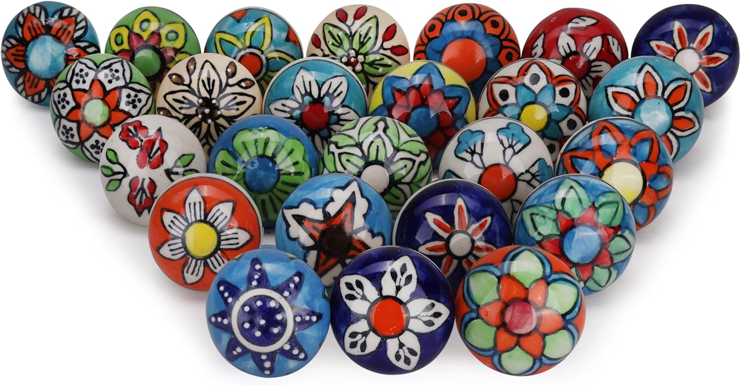 Cabinet Multicolor Assorted Ceramic Drawer Pull Handle Kitchen Cupboard Wardrobe Knob Boho Room Decorative Furniture Hardware Dresser Drawers Knobs-Pack of 25
