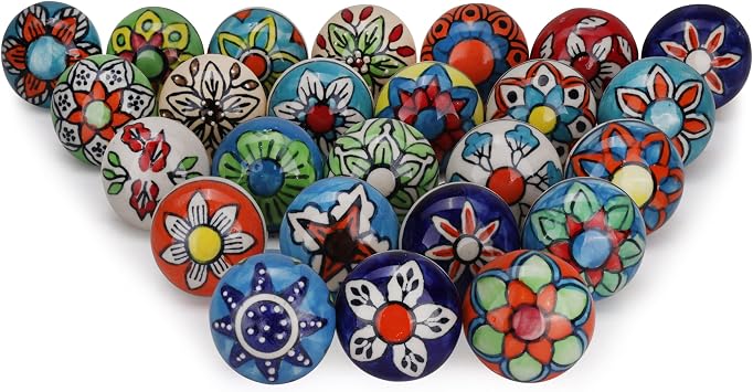 Multicolor Ceramic Cabinet Knobs Pack of 25, Assorted Hand-Painted Dresser Drawer Pulls, Vintage Boho Handles for Wardrobes & Cupboards