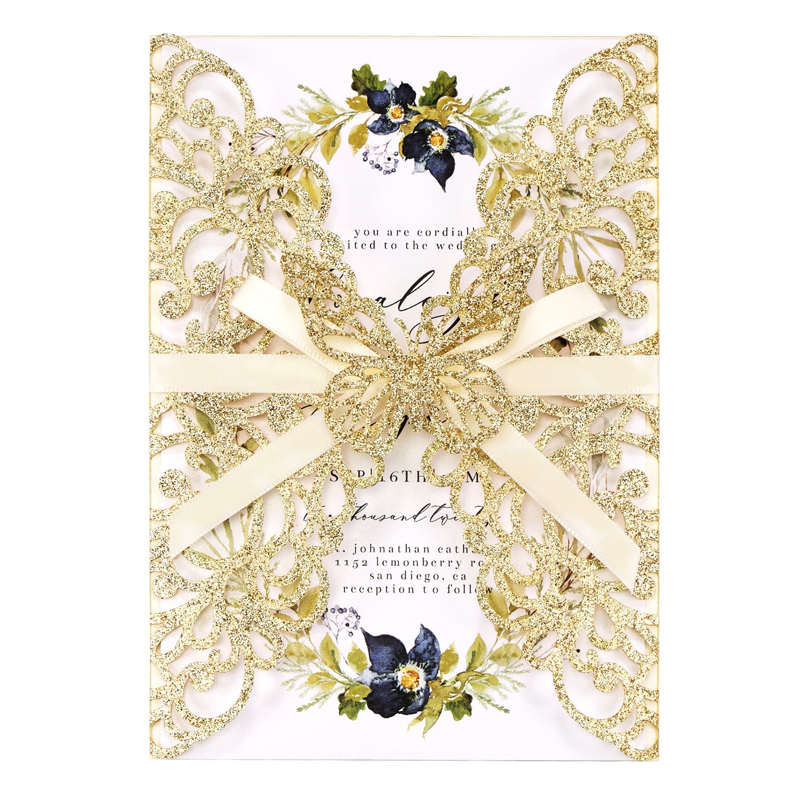 Hochzeitseinladungen mit Umschlägen und RSVP-Karten, lasergeschnittenes Schmetterlingsband, goldfarben, 50 Stück