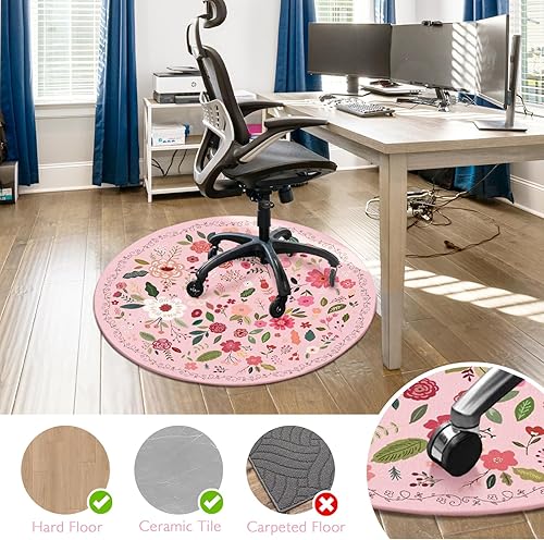 Miniatura 23 de Tapete para silla de oficina para suelo de madera dura, 47 x 47 pulgadas, alfombras redondas para sillas rodantes para oficina, computadora, Flor