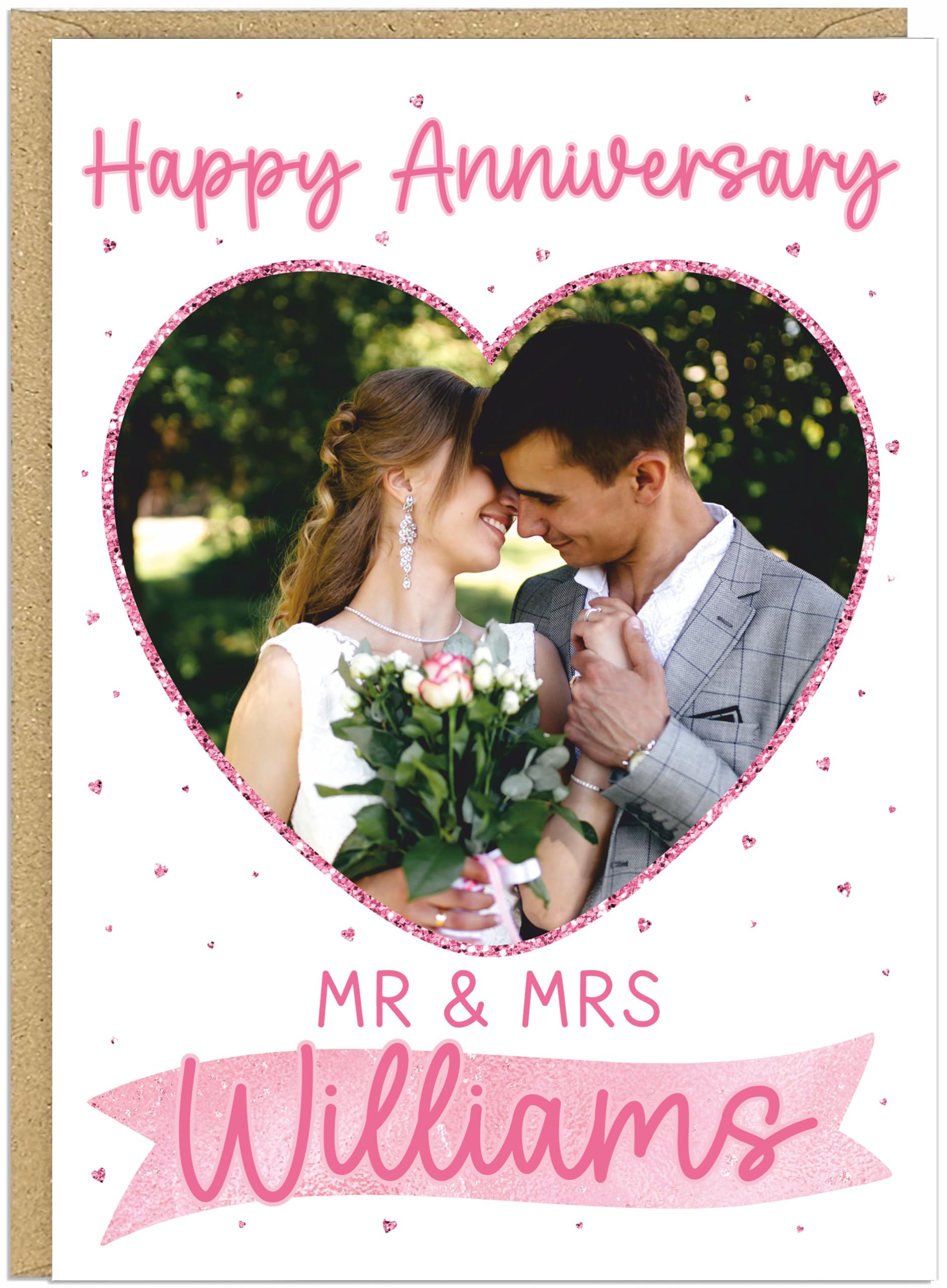 Happy Wedding Anniversary Personalised Cards Custom Mr & Mrs Surname Upload Own Photo Heart Frame Happy Anniversary Keepsake for Couples Husband Wife A5 (Pink)
