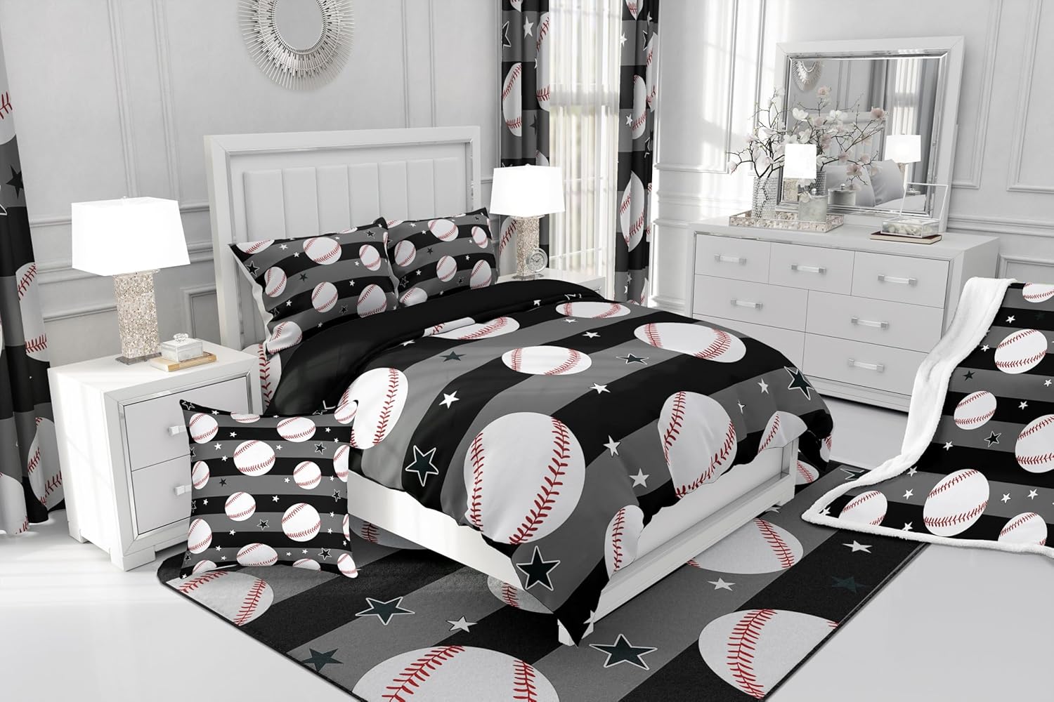 Feelyou Baseball Gaming Bedspread Black Grey White Bedspread for Kids Boys Girls Softball Coverlet Set Ball Games Quilted Bedroom Collection 2Pcs Twin Size