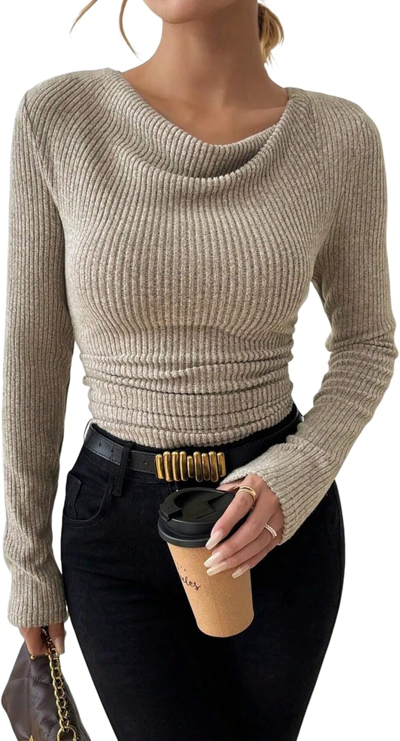 ZAFUL Women's Cowl Neck Long Sleeve Tunic Tops Ribbed Knit Ruched T Shirts Slim Fit Draped Basic Tops