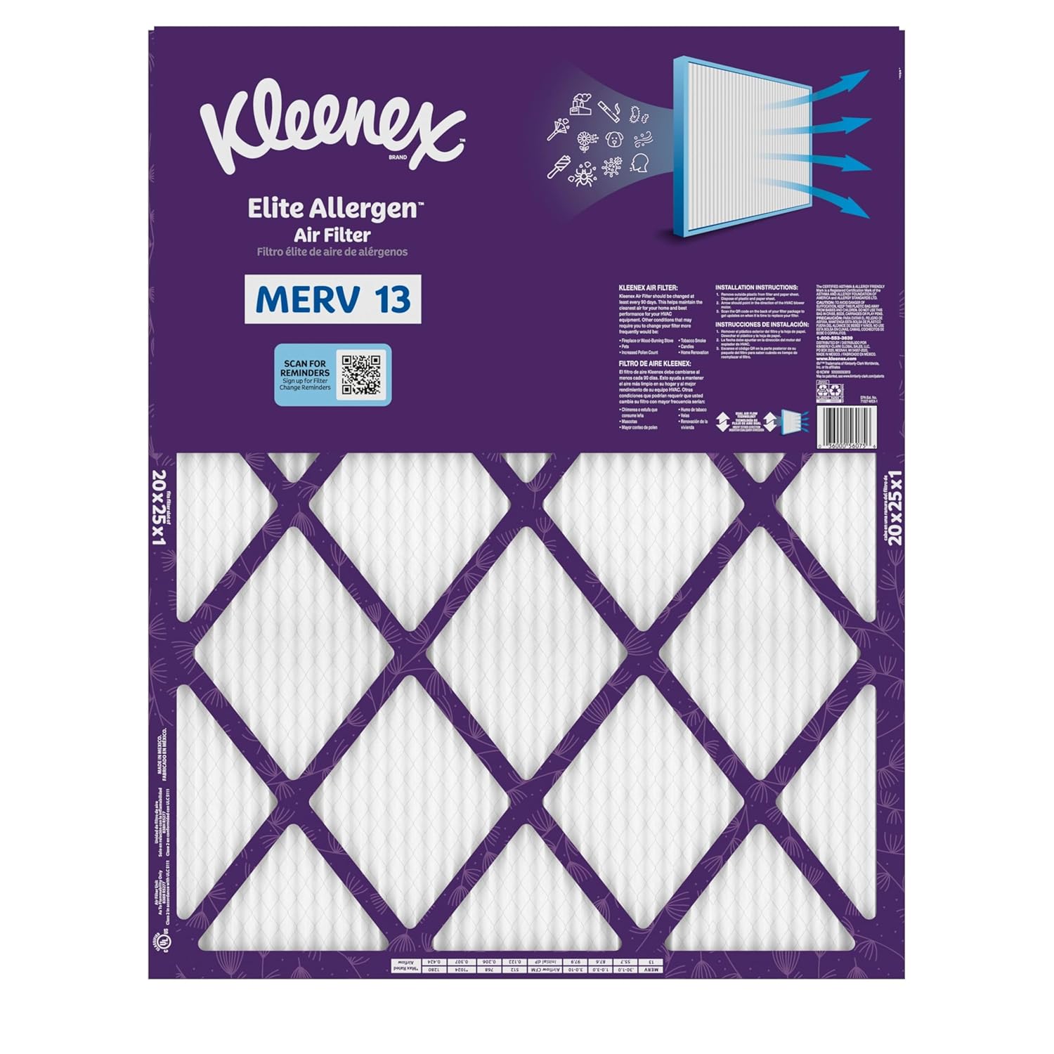 Kleenex Elite Allergen Air Filter 20x25x1 Inches - 13 MERV RATING (2-Pack)