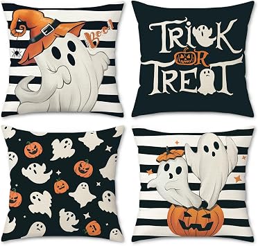 Bonhause Halloween Ghost Cushion Covers 45 x 45 cm Black White Boo Pumpkins Cute Decorative Throw Pillow Covers Polyester Linen Pillowcases for Sofa Couch Home Decor Set of 4