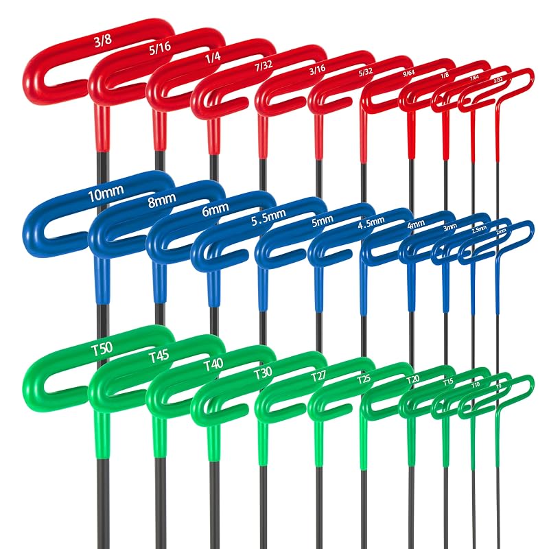 Kit com 30 Chaves Allen e Torx com Cabo em T Dytert, Métricas, SAE e T9–T50, 18,8 cm