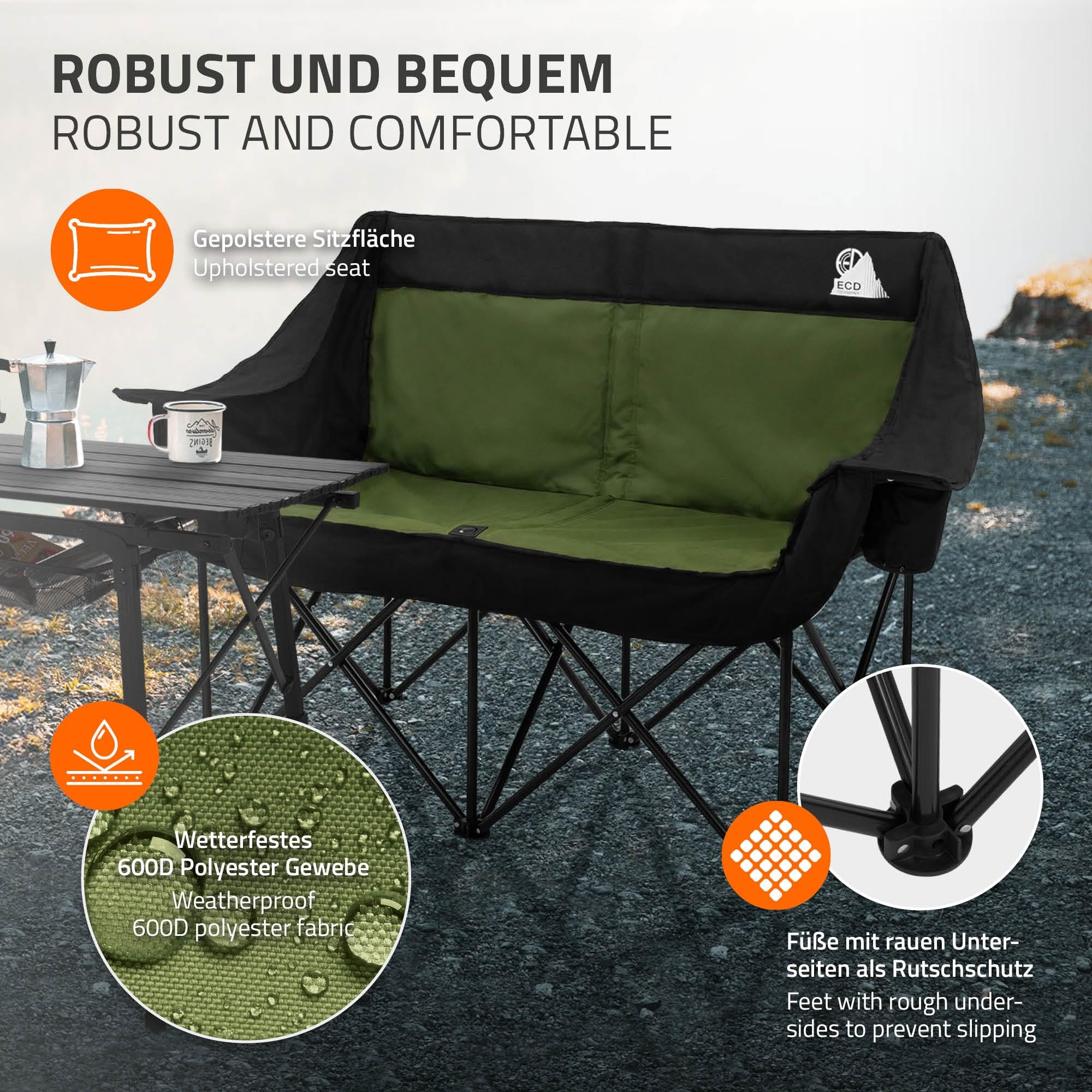 ECD Germany Podwójny Fotel Campingowy Khaki, Krzeslo Outdoor 2 Osobowe z Metalowa Konstrukcja, Skladana Sofa Turystyczna z Uchwytami na Napoje i Torba, Wyscielane Siedzisko na Camping i Wedkowanie