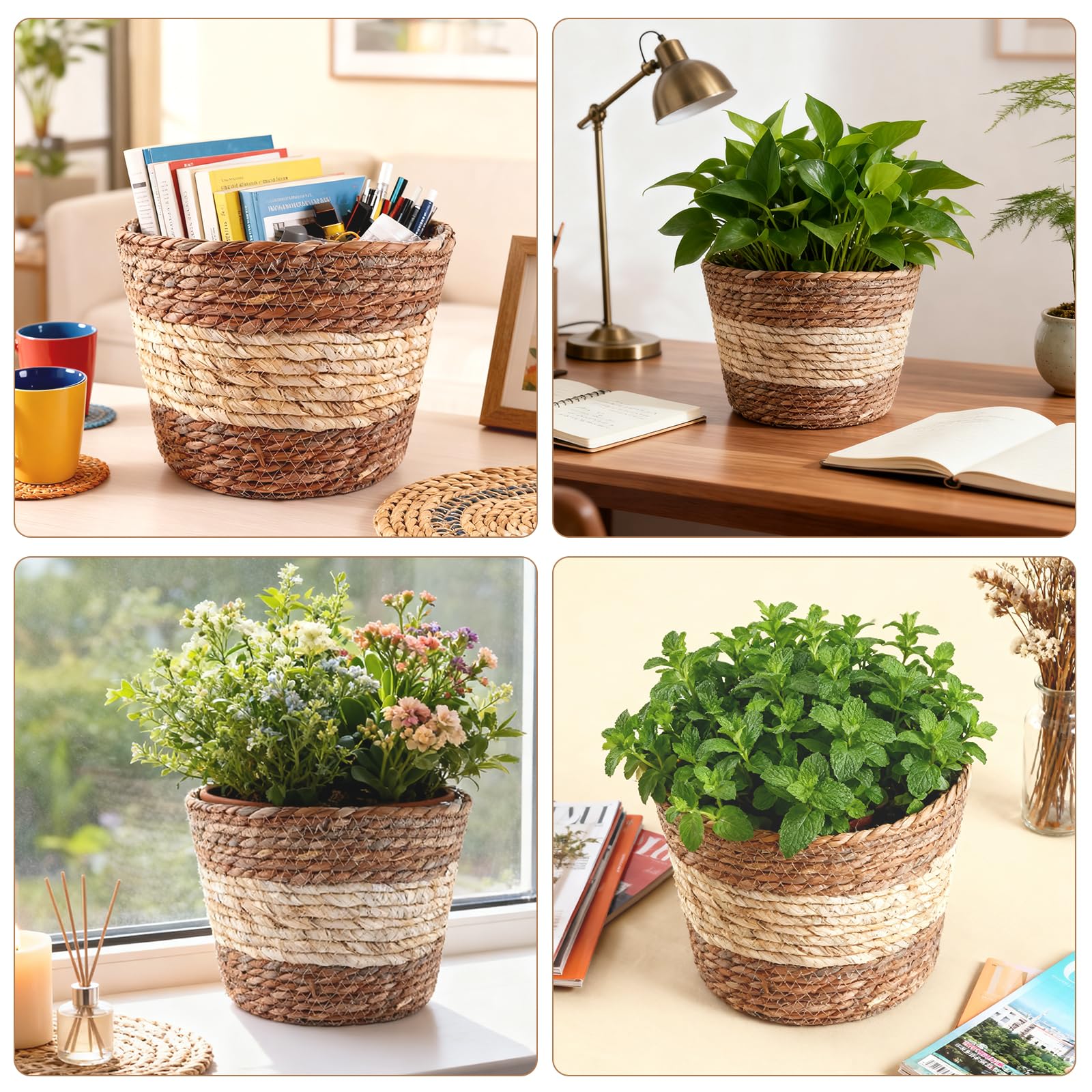 3 Pièces Panier Tressé Plante, Cache Pot Osier avec Doublure PE, Paniers Ronds 19/23/25 Cm Style Naturel pour Fleurs, Salon, Balcon Et Terrasse