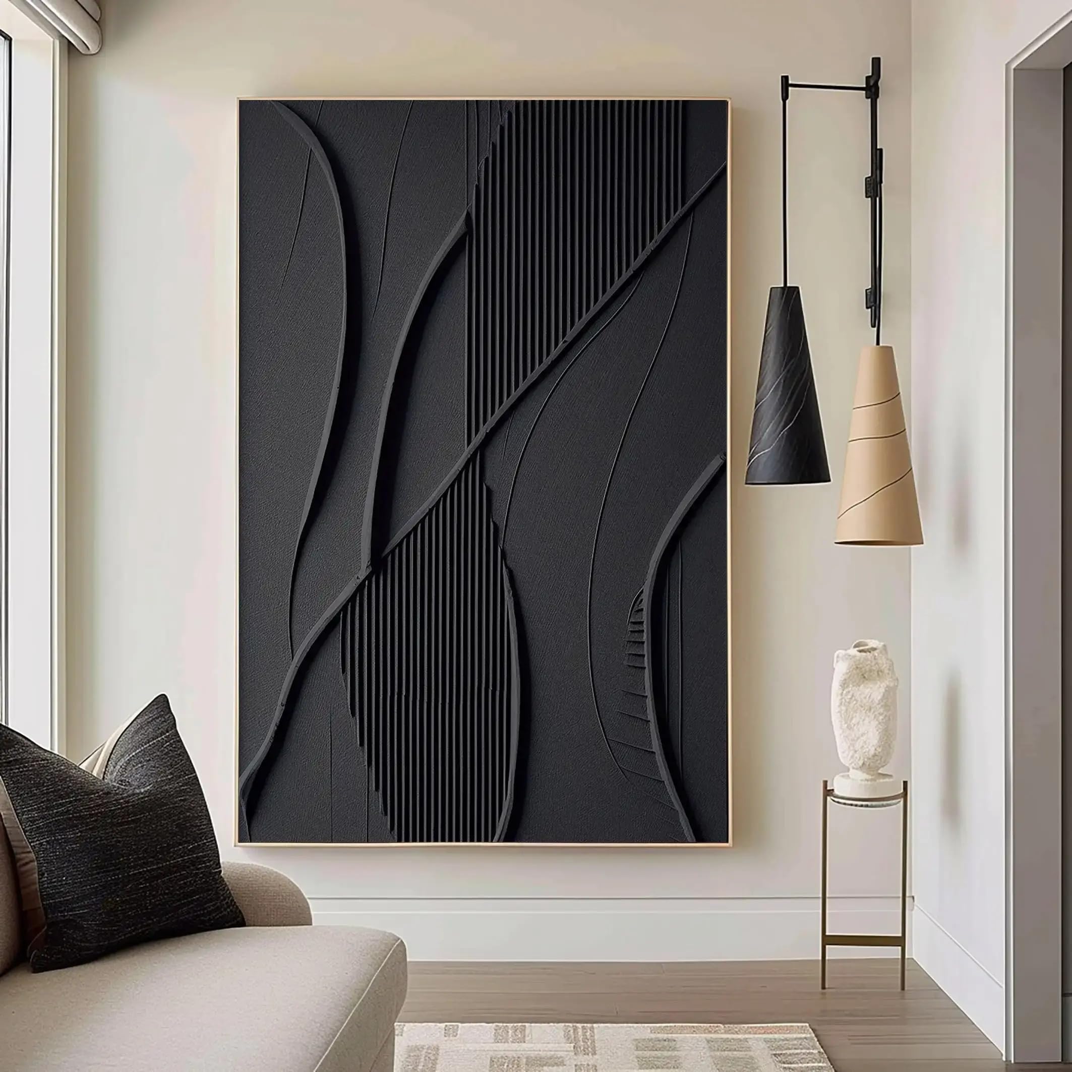 YUSUZHU Cuadro de pared minimalista negro grande con textura 3D en lienzo, cuadros abstractos simples para decoración de sala de estar, 80 x 120 cm, con marco