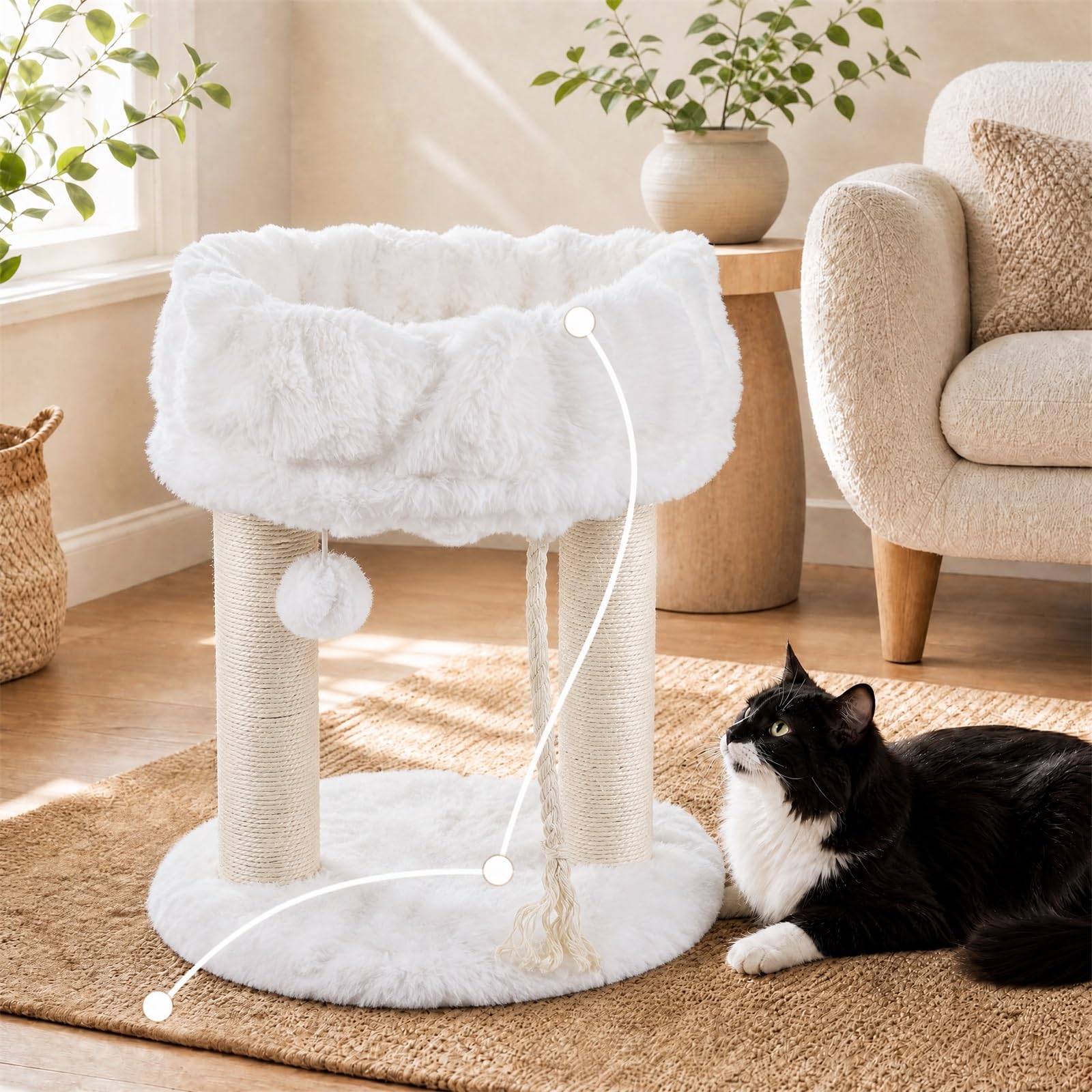 GOPLUS Petit Arbre a Chat à 2 Niveaux, Tour de Jeux pour Chats (Blanc) | Centre d’Activité 40x40x50CM avec Perchoir Rembourré en Peluche, 2 Poteaux Griffoir, Perchoir Doux, Corde et Balle Suspendue