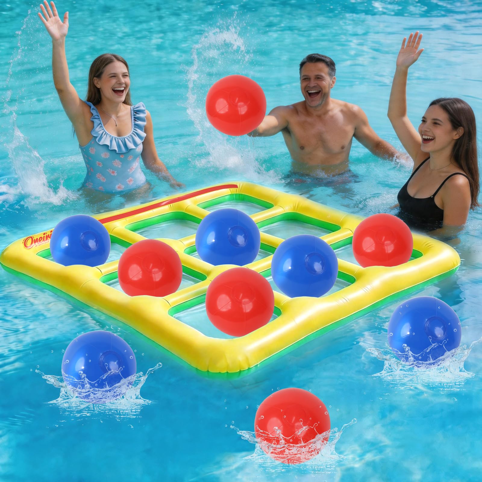 Oneirion Tic Tac Toe Pool Toys Set, Floating Inflatable Toy with 10 Balls, Fun Water Game for Kids Teens Adults, Pool, Beach & Outdoor, 2-10 Players