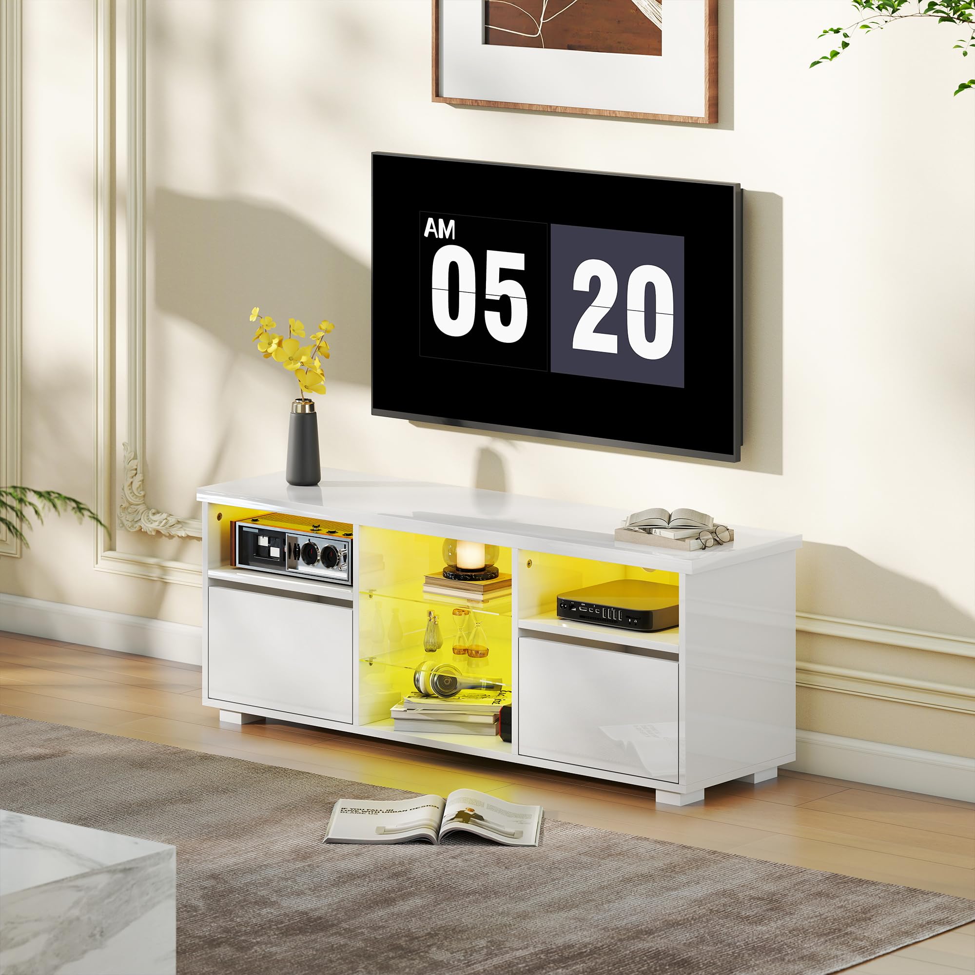 HOMCOM Meuble TV 120 cm Meuble Télé LED TV pour Téléviseur 55 Pouces Blanc