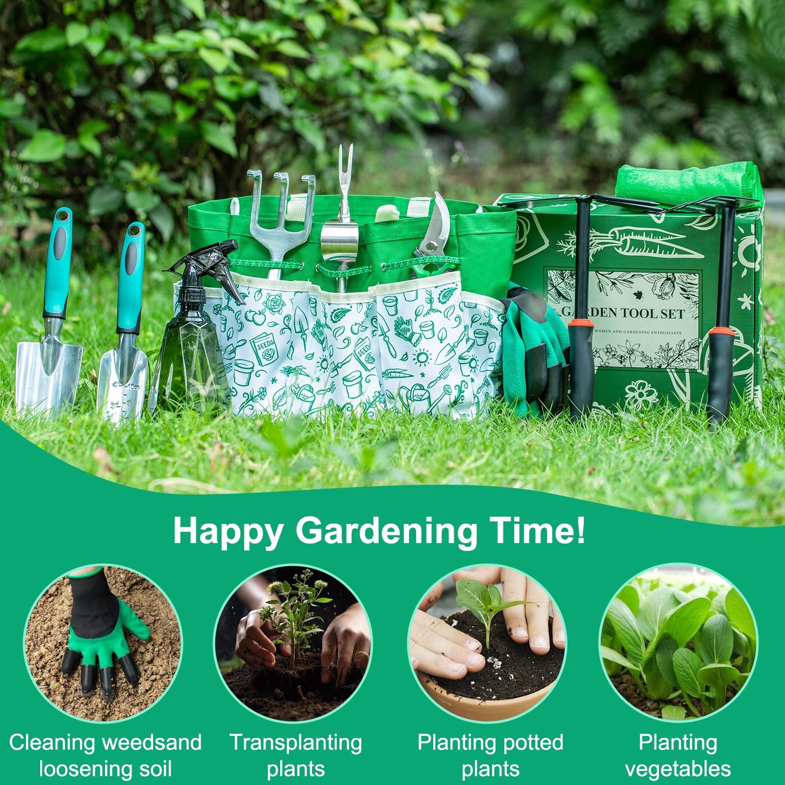 Juego de herramientas de jardinería, 12 piezas de herramientas de mano de jardín resistentes, regalos para mujeres adultas jardineras, juego de suministros de jardinería con bolsa organizadora de