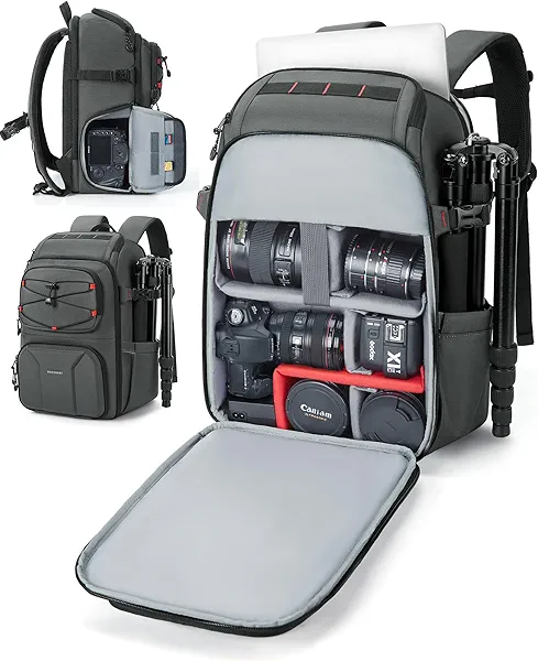 BAGSMART Camera Bag for Photographers, Professional Camera Bag Fits up to 15.6" Laptop, DSLR/Drones/Tripod Camera Case with Rain Cover, Grey Light Grey