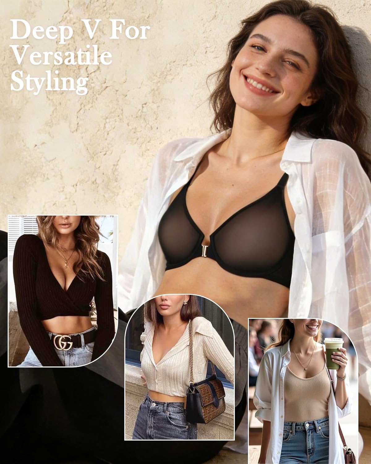 HACI Womens's Posture Bra Front Closure Deep V Unlined Mesh Sheer See Through Underwire Plus Size - Image 6