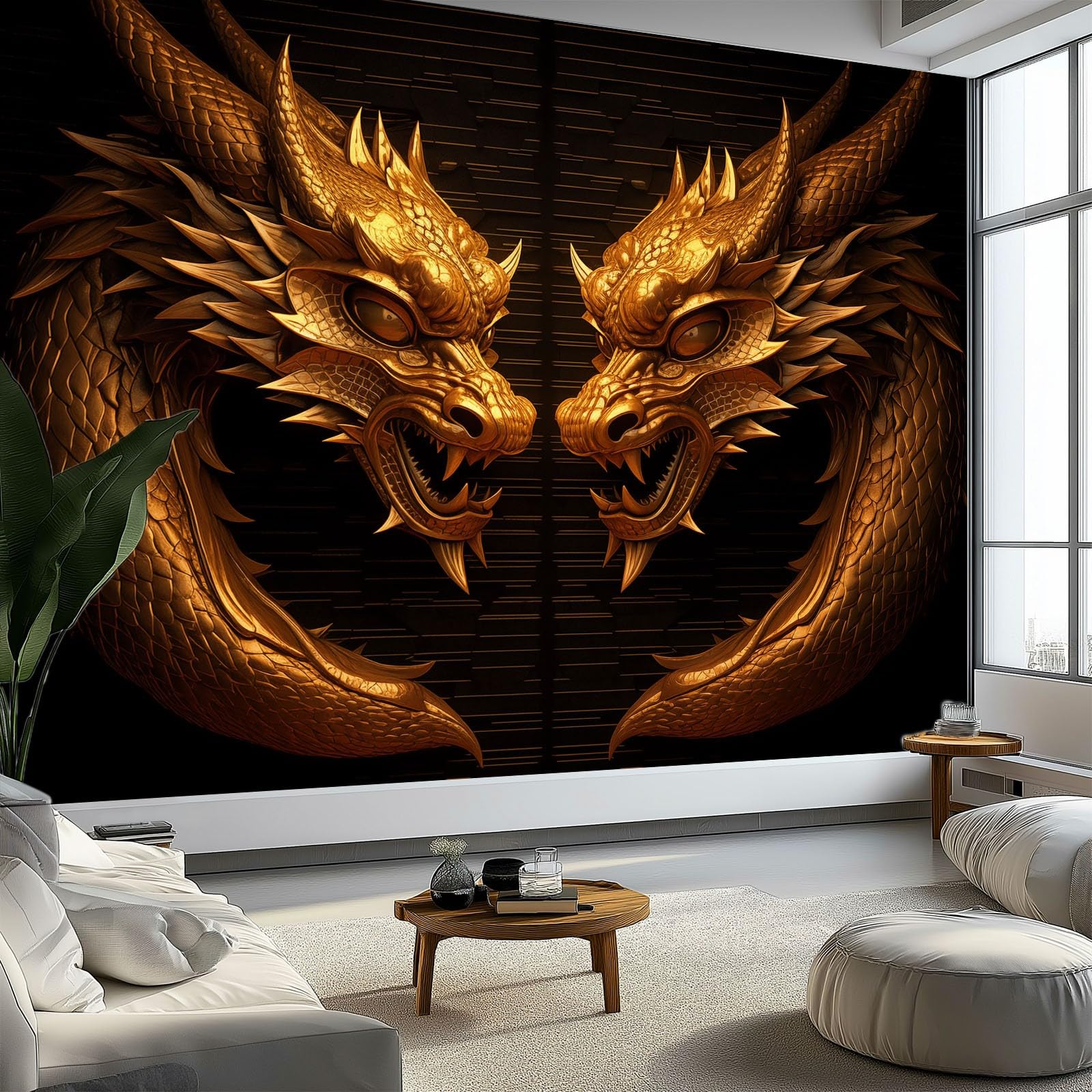 Papier peint panoramique dragon d'or mural géant dark fantasy 300x210 cm