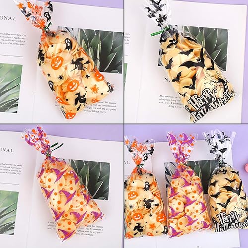 Miniatura 5 de DIYASY 150 bolsas de celofán de Halloween, bolsas de dulces transparentes, bolsa de plástico para murciélagos, calabaza, bolsa de golosinas de bruja