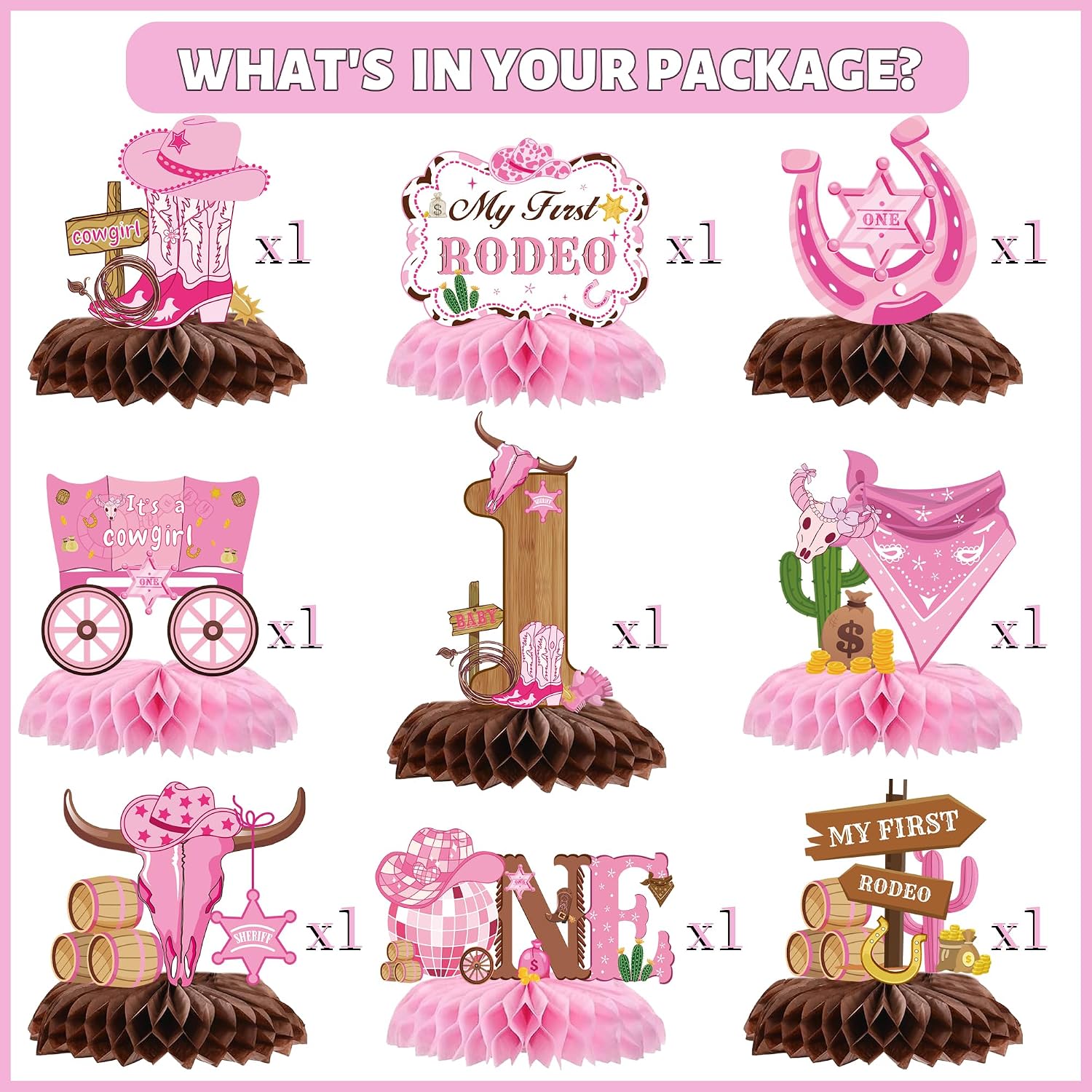 My First Rodeo Decorations Girl - 9 Pcs Pink Cowgirl Honeycomb Centerpieces Table Decor for Western Cowgirl 1st Birthday Party Supplies image 2