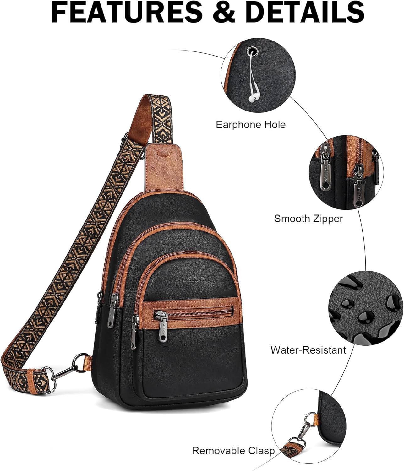 FADEON Sling Bag for Women, Designer Small Crossbody Bags Vegan Leather RFID Fanny Pack Tri-Zip Sling Backpack for Travel