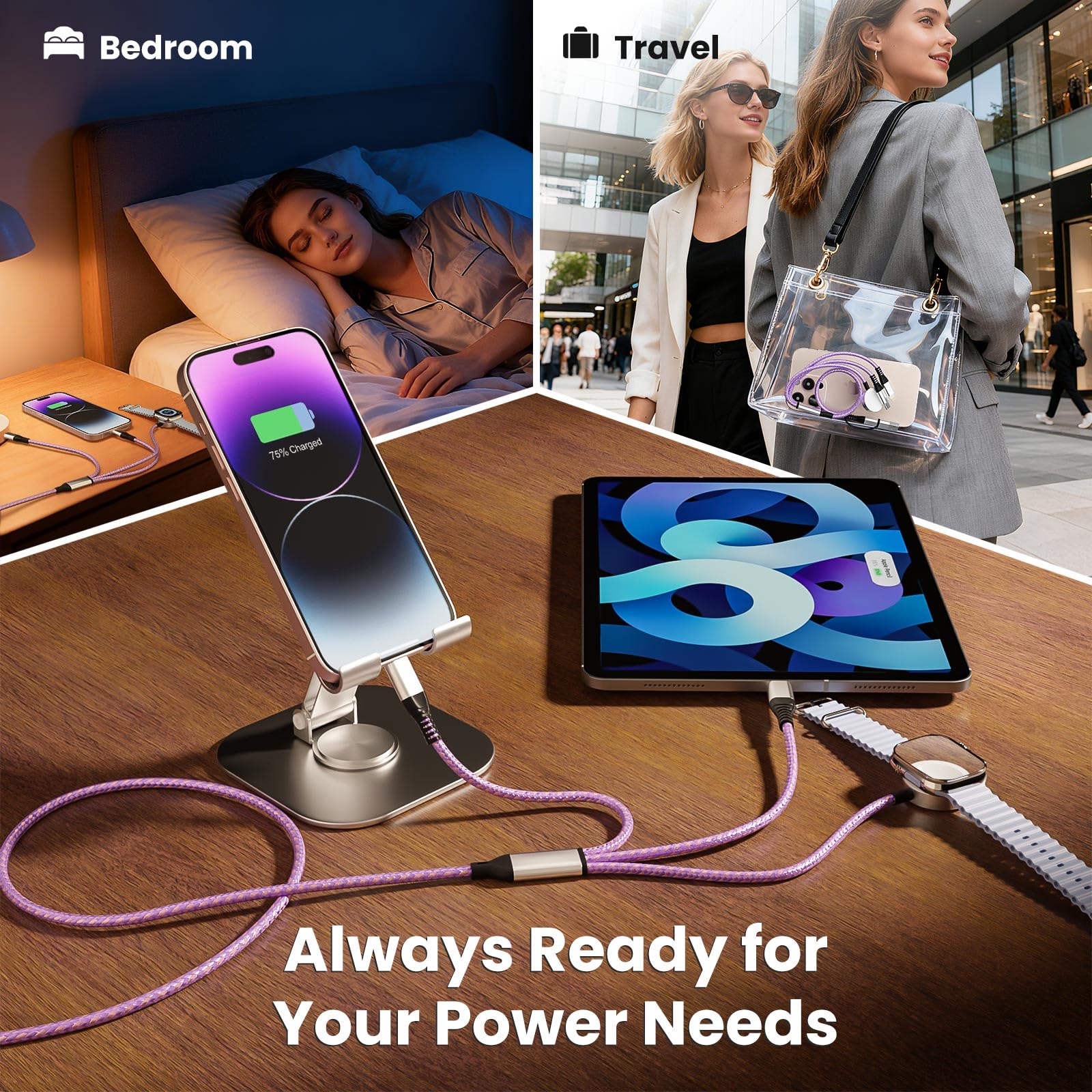 Travel Essentials, Travel Charger for iPhone 17 and Apple Watch for Multiple Devices, Charging and Data Sync, 3 in 2 USB A/USB C Multi Charger with 3 Ports Compatible for Apple Watch/iPhone 17-6, 5 FT