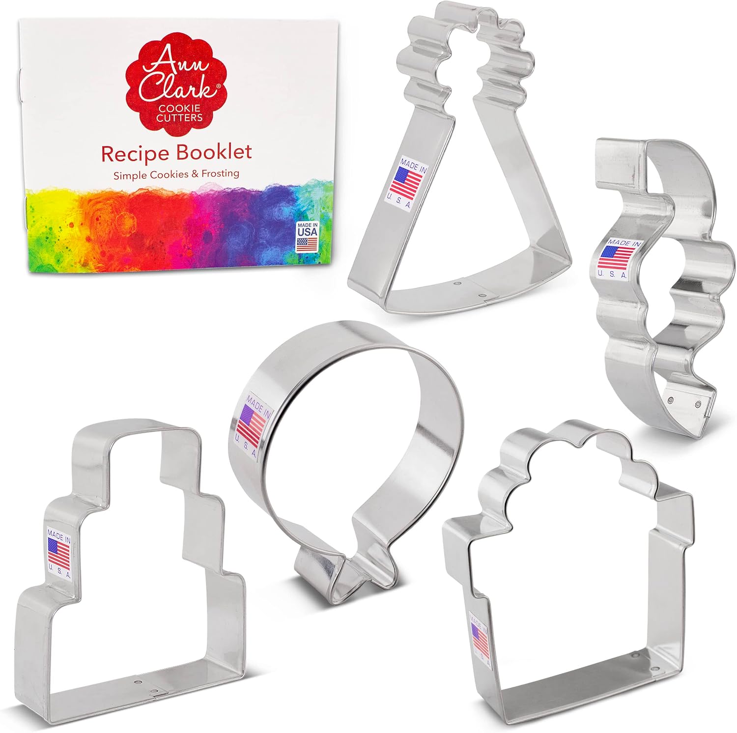 Birthday Cookie Cutters 5-Pc. Set Made in USA by Ann Clark, Balloon, Birthday Hat, Cake, Present, Confetti