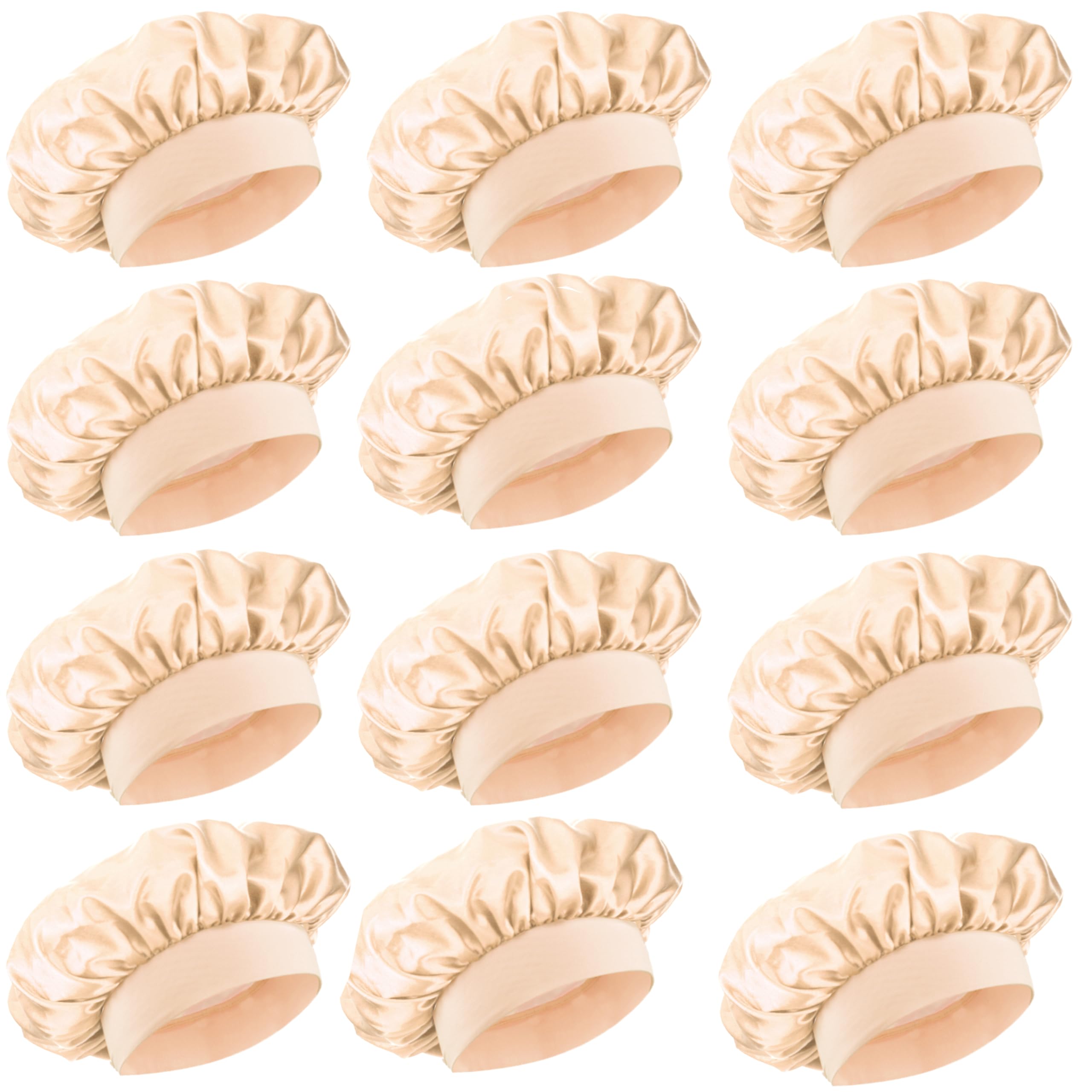 12 Pieces Silk Bonnet for Women Curly Hair Satin Bonnet Hair Wrap for Sleeping Cap with Tie Band (Champagne)