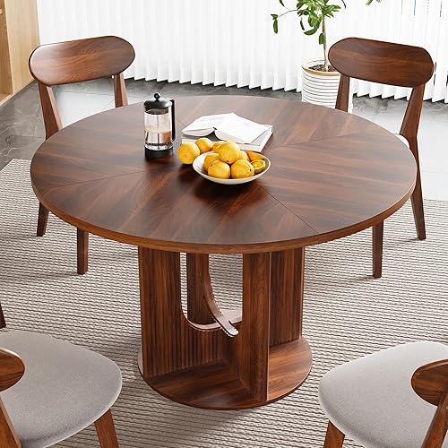 Miniatura 11 de Mesa de comedor redonda campestre con nervaduras para 4, mesa de cocina circular de 47 pulgadas con base de pedestal de madera, mesas de cena para