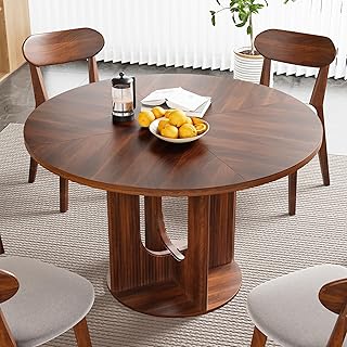 Farmhouse Round Fluted Dining Table for 4, 47 Inch Circle Kitchen Table with Wooden Pedestal Base, Dinner Tables for Home Living Room Kitchen (Walnut)
