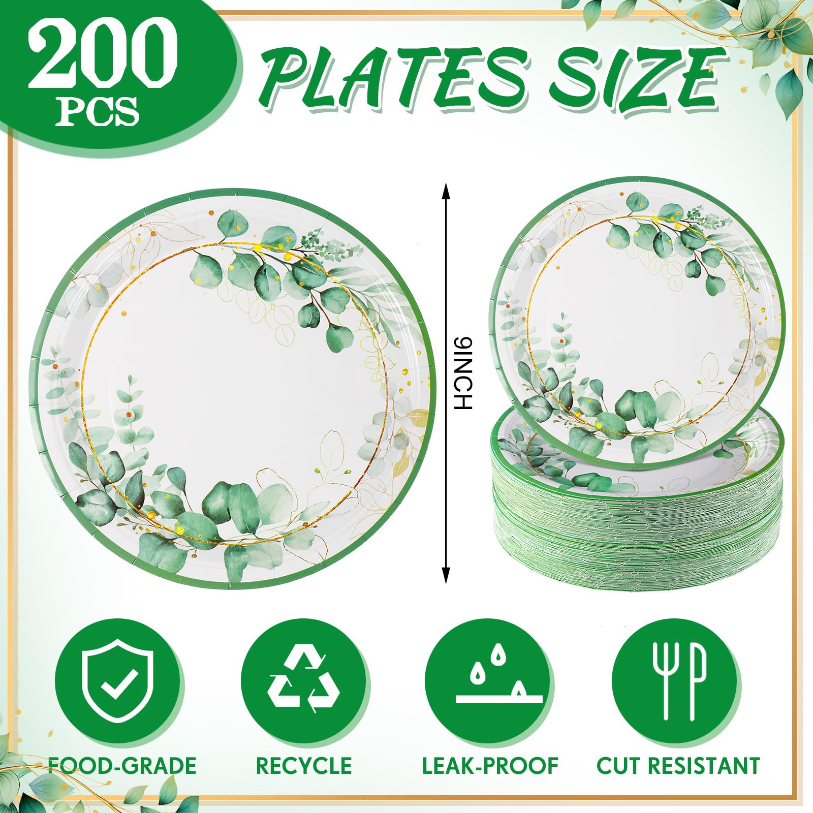 100 Pcs Sage Green Disposable Plates, Green Paper Plates, 7\" & 9\" Dessert Plates Bulk, Round...