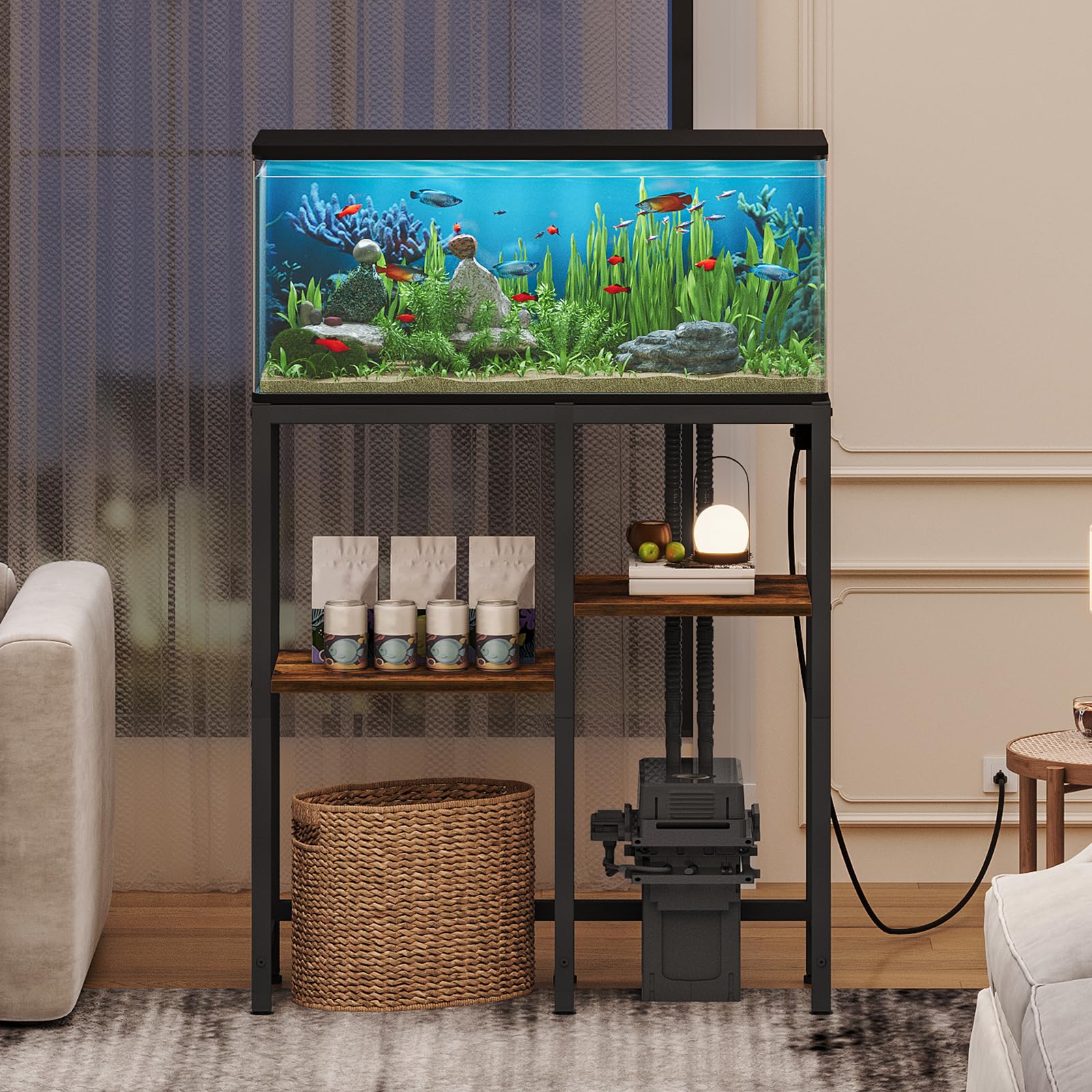 YATINEY FT01UBR Support d'aquarium avec prise de courant, support de rangement pour aquarium, support de terrarium robuste pour salon, bureau à domicile, noir et marron rustique
